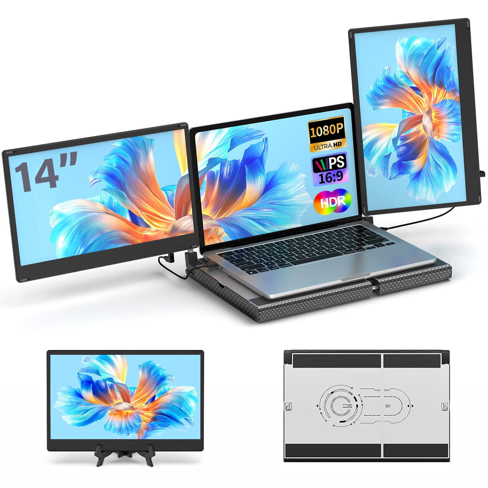 پنل نمایش لپ تاپ POTTMACEE 14 اینچ FHD 1080P، قابل حمل، پلاگ اند پلی، چرخش 360 درجه، قابل جدا شدن، سازگار با سه صفحه نمایش برای مک، ویندوز، کروم