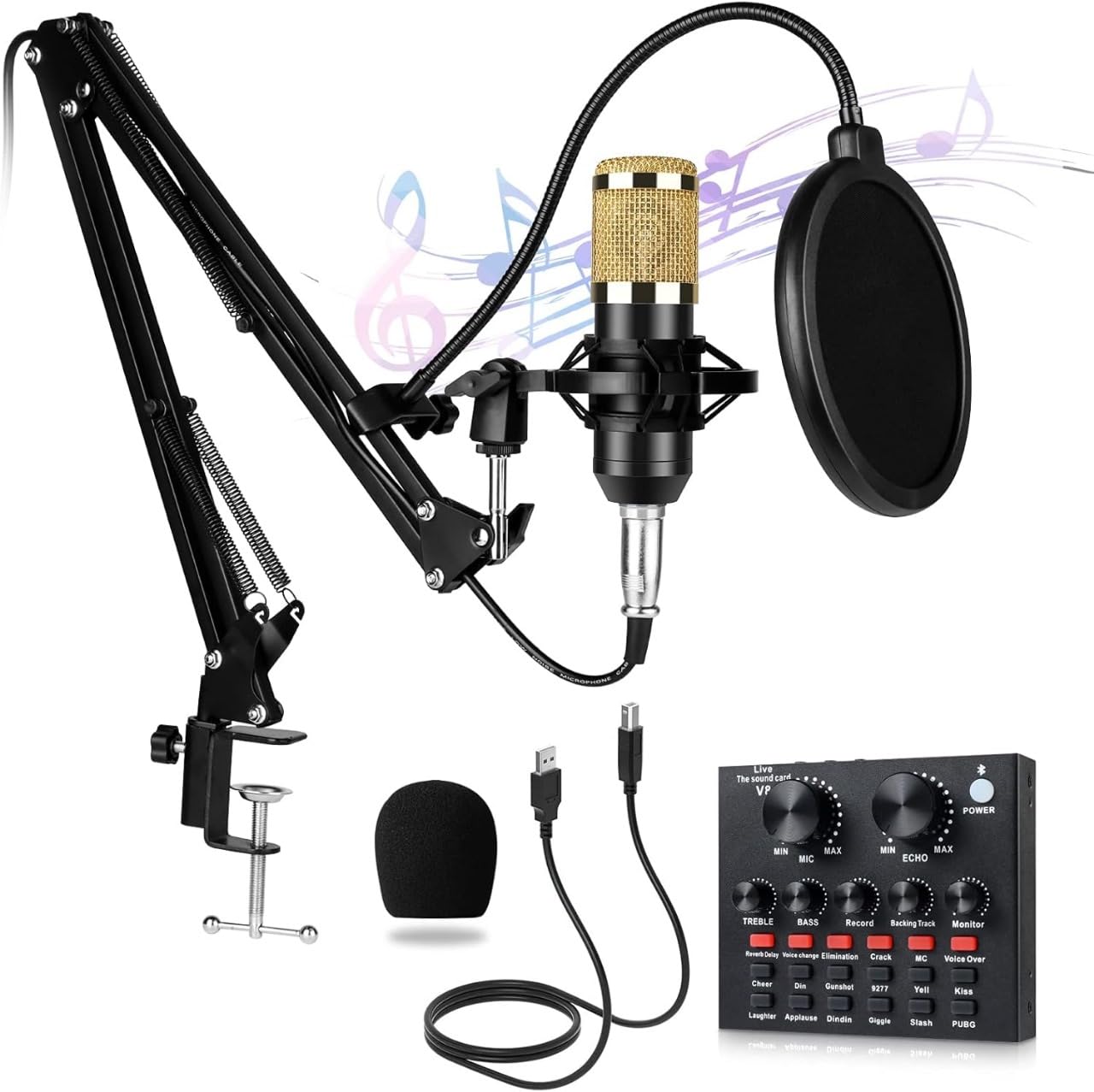میکروفون کاندنسر، تجهیزات استودیویی میکروفون، با استند میکروفون bm 800، کارت صدا، مانت شوک، فیلتر پاپ برای ضبط موسیقی، اسکایپ، یوتیوب، کارائوکه، ضبط بازیگری