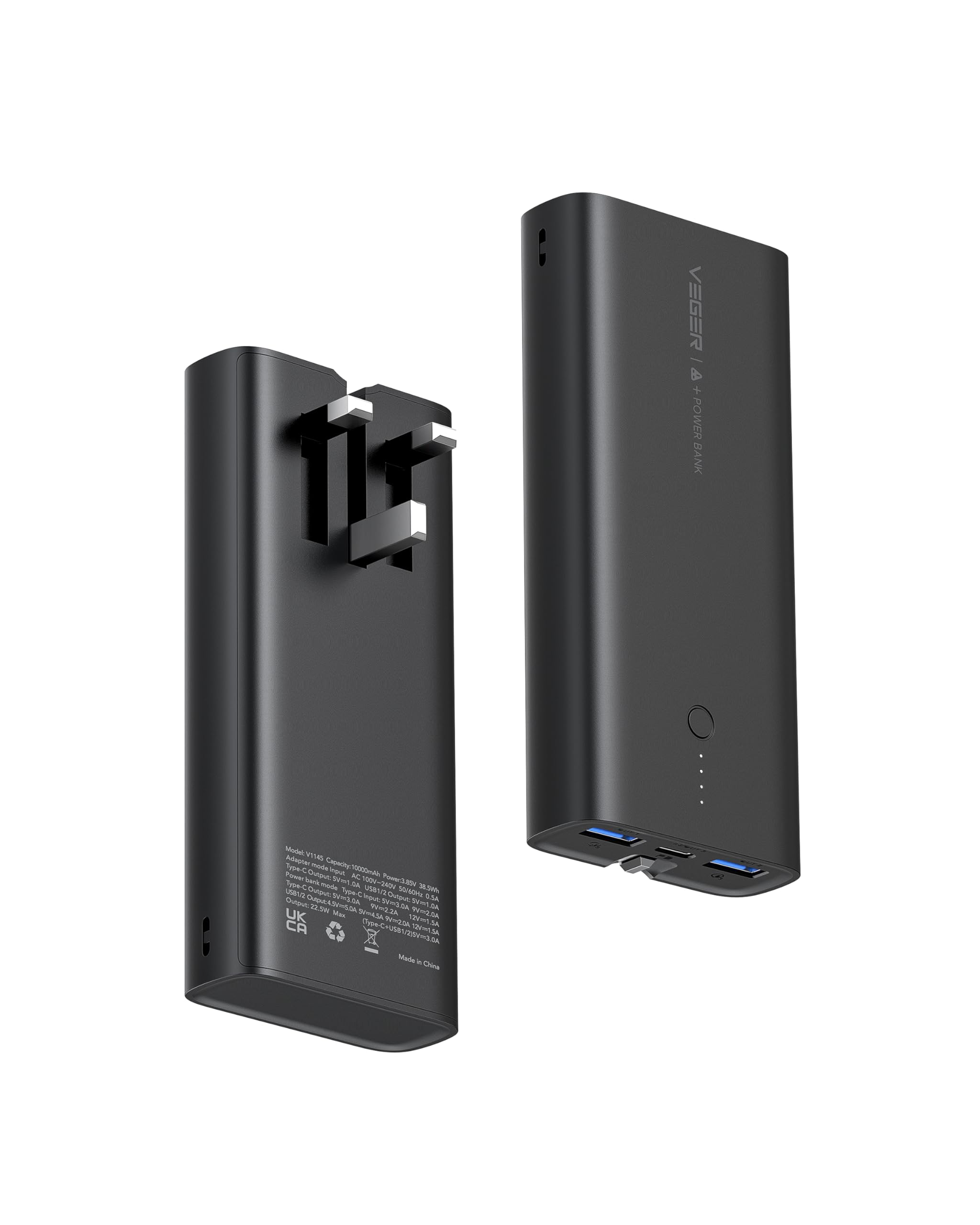 پاور بانک VEGER 10000mAh، شارژ سریع 22.5 وات، شارژر قابل حمل با کابل‌های داخلی و پلاگین دیواری AC با خروجی USB-C و 2 USB، 1 ورودی، چراغ‌های LED، شارژر تلفن برای آیفون / گوگل / ال‌جی / آندروید و غیره