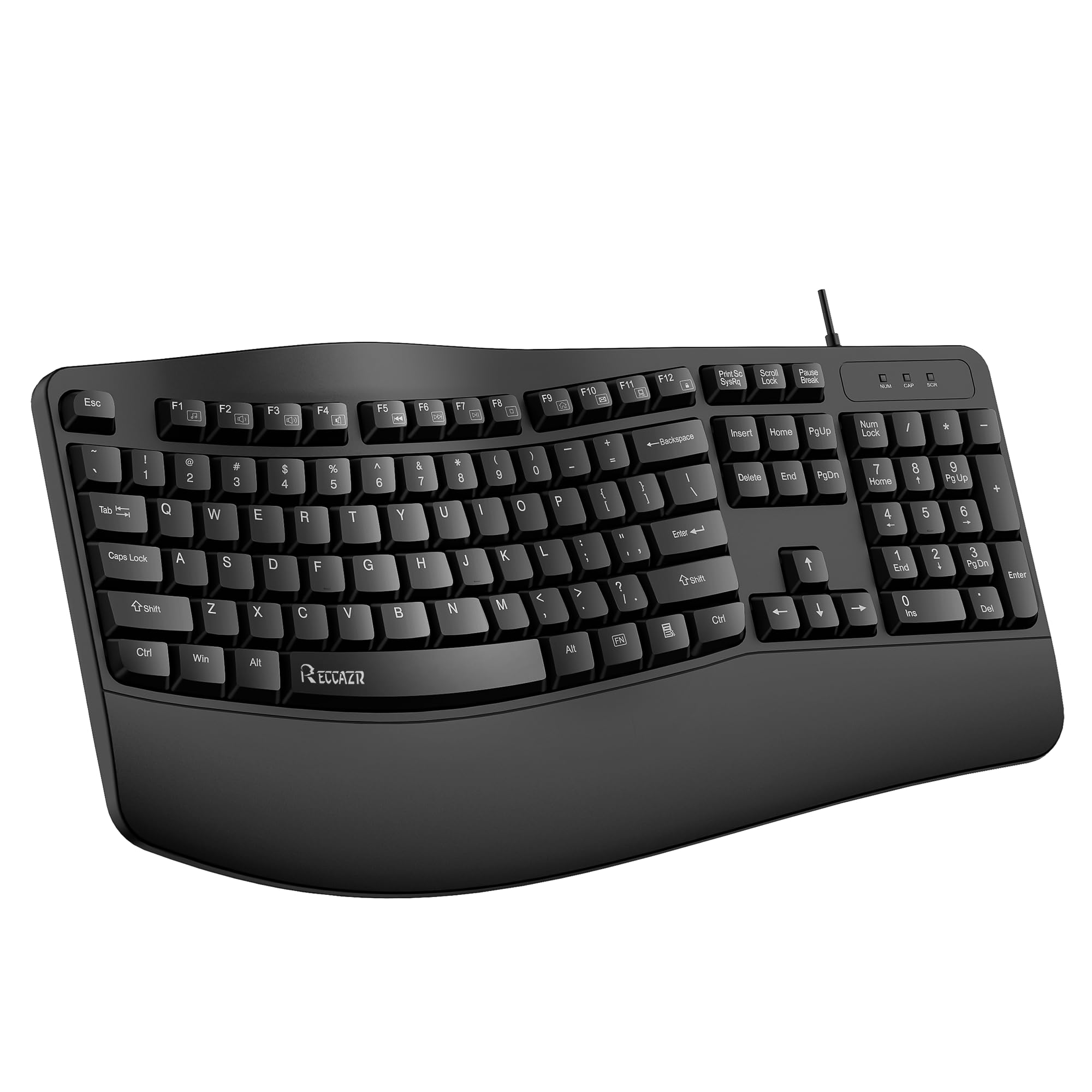 کیبورد ارگونومیک RECCAZR، کیبورد کامپیوتری باسیم USB با استراحت مچ دست، مقاوم در برابر ریزش، کلیدهای موجی برای تایپ طبیعی، سازگار با ویندوز/پی‌سی/لپ‌تاپ (مشکی) مشکی عمیق