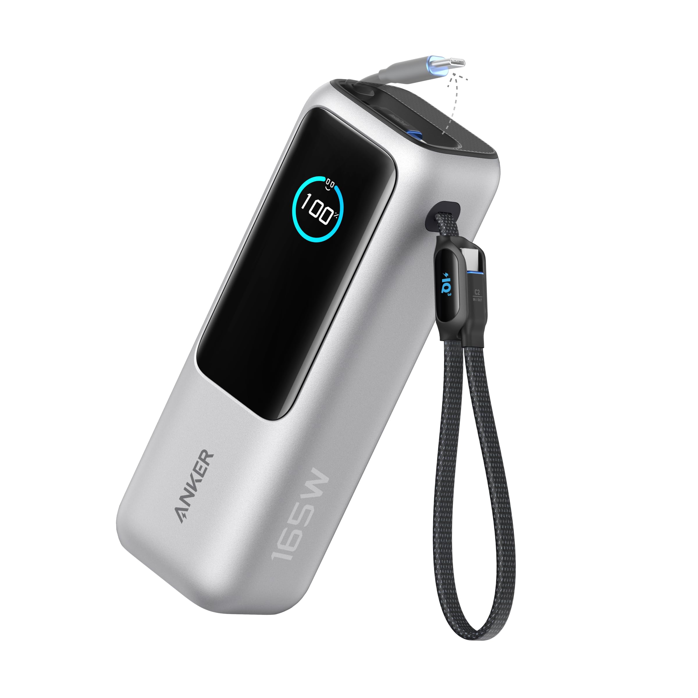 Anker Power Bank, 25,000mAh 165W Ultra-Fast Portable Charger for Dual Laptops, Fast Charging Battery Pack with Built-In and Retractable Cables, For iPhone 17/16 Series, Samsung, and More Silver