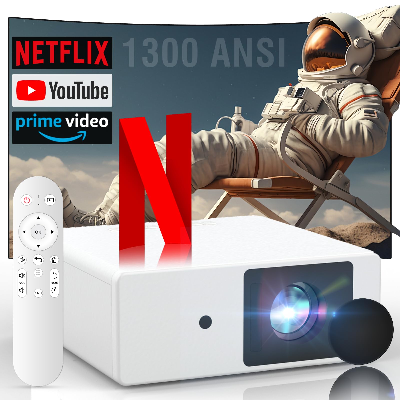 پروژکتور بلوتوث وای فای قابل حمل [1300 ANSI / مجوز Netflix / صدای Dolby] - پروژکتور هوشمند 4K سقفی با برنامه‌های داخلی، سینمای خانگی بی‌سیم