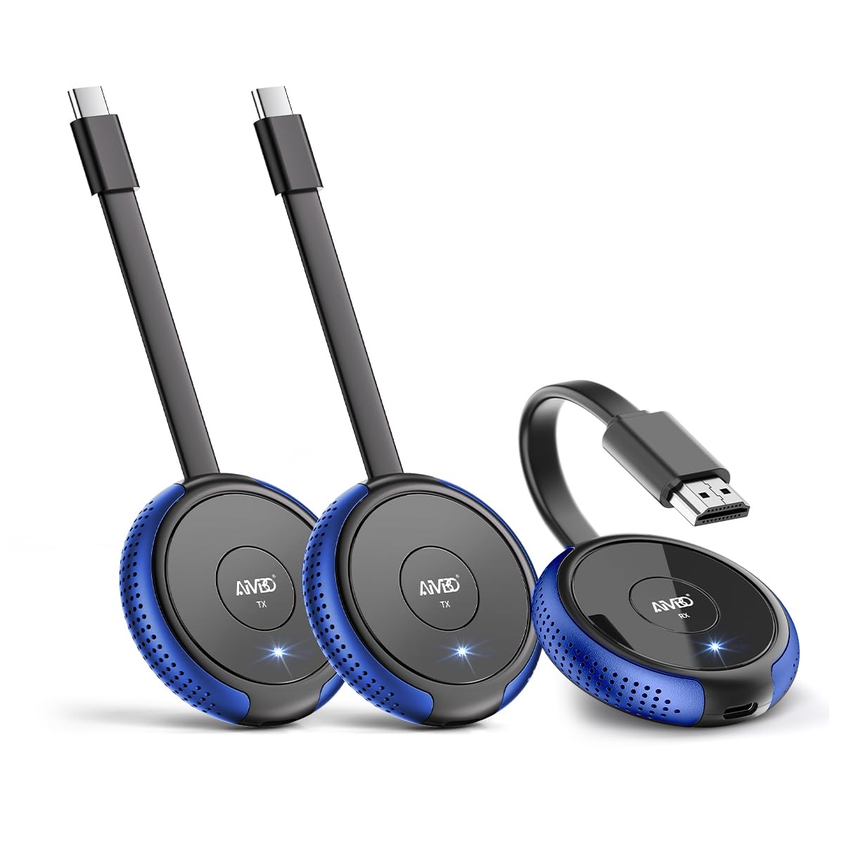 AIMIBO USB C بی‌سیم ۲ فرستنده و گیرنده HDMI، فرستنده بی‌سیم HDMI ۲.۴/۵G چندگانه TX Extender ۱۶۵ فوت/۵۰ متر، ویدیو/صدا برای لپ‌تاپ، مک‌بوک، سطح، آی‌پد، آیفون ۱۵ به مانیتور، پروژکتور، HDTV ۲ فرستنده و ۱ گیرنده آبی