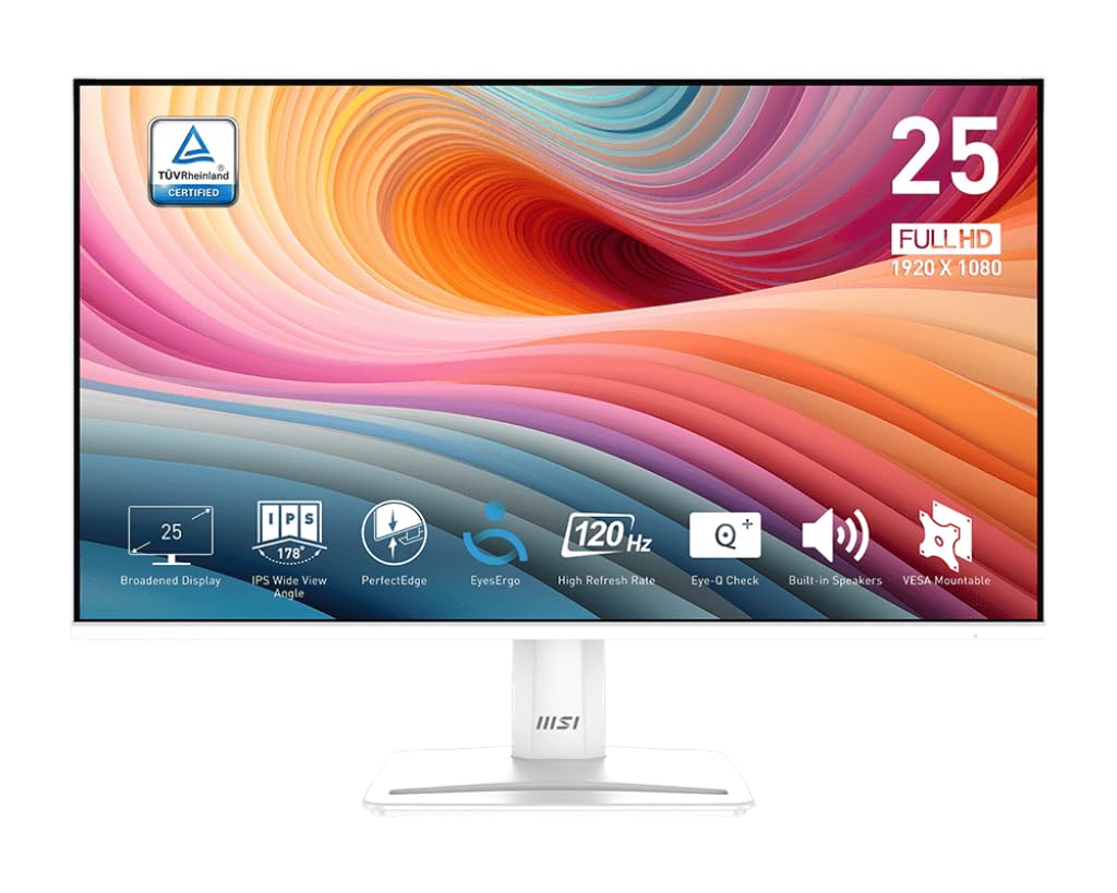 MSI PRO MP251W E2 24.5 اینچ IPS 1920 x 1080 (FHD) مانیتور گیمینگ اداری، 120Hz، Adaptive-Synch، آماده HDR، پورت HDMI، پورت VGA، پورت نمایش، قابل نصب VESA، تیلت، بلندگو، چارچوب باریک چهار طرف، 1ms، رنگ سفید.