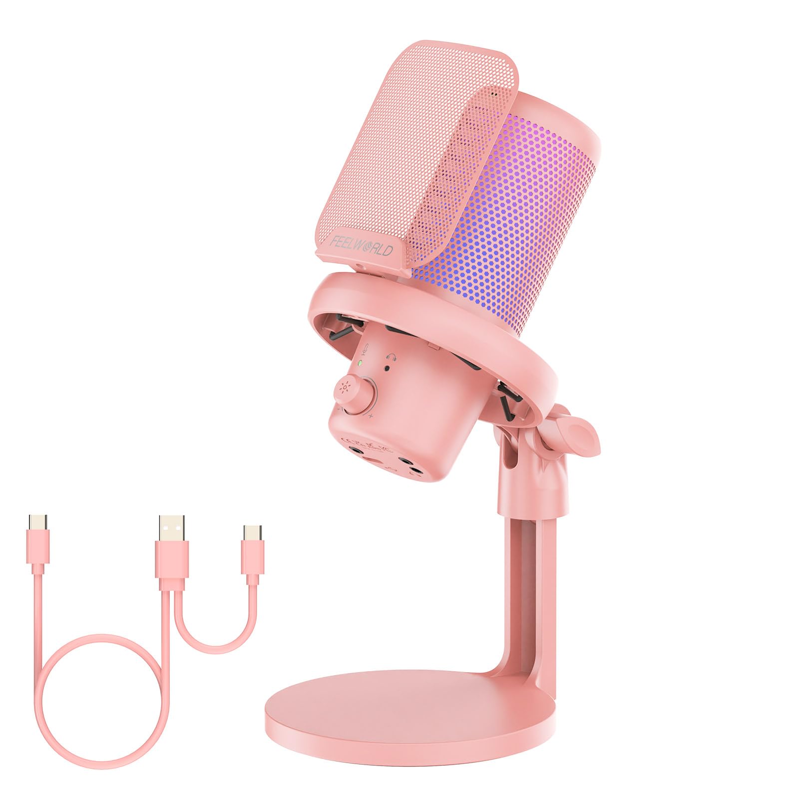 مایکروفون کاندنسر FEELWORLD VM1 صورتی برای بازی در کامپیوتر با رابط USB با قابلیت لغو نویز، قابلیت سکوت، نور RGB، هدیه‌ای مناسب برای گیمرها، یوتیوبرها، پادکست‌ها، استریمینگ، ضبط آنلاین و چت در PS4 و PS5