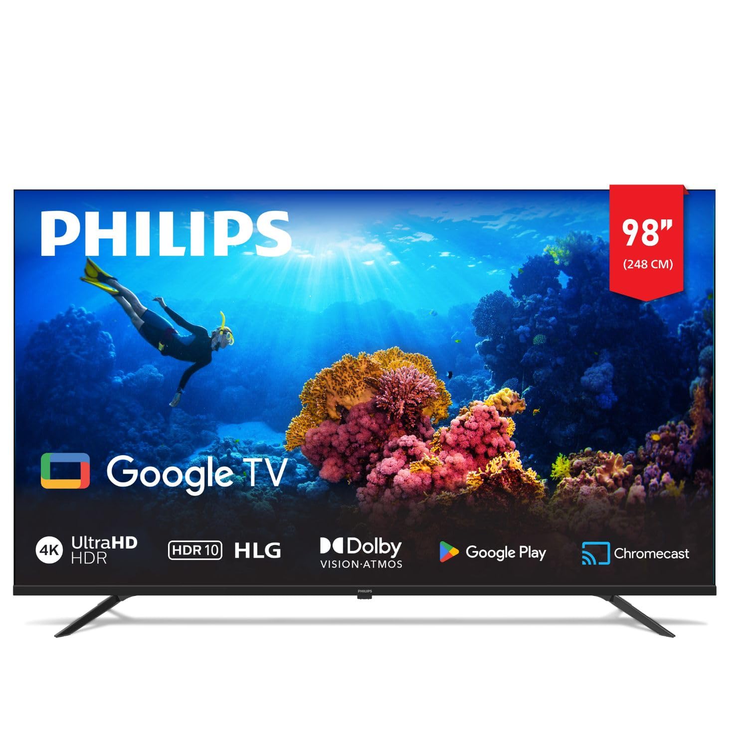 تلویزیون هوشمند 4K 98 اینچی Philips سری 7100 مدل 98PUT7129/56، با قابلیت Dolby Vision + HDR 10، دارای دستیار صوتی گوگل، اپلیکیشن‌های Youtube، Netflix، Prime Video، و شاهد، مدل 2024، دارای یک سال گارانتی، اندازه بزرگترین رزولوشن فورکی.