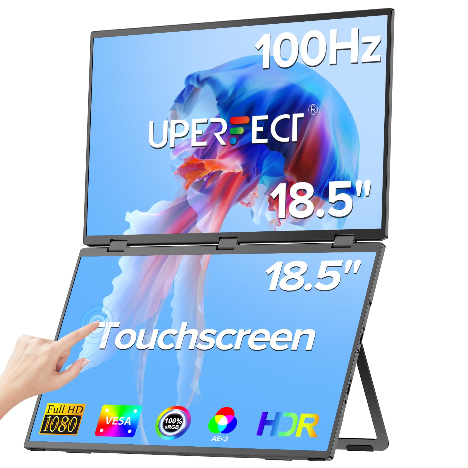 مانیتور قابل حمل دوگانه UPERFECT Delta 18.5 اینچ 100 هرتز با صفحه لمسی، افزایش دهنده صفحه نمایش لپتاپ تاشو با استند و ویسا برای لپتاپ، کامپیوتر شخصی، تلفن همراه، کنسول بازی (بدون نیاز به درایور)