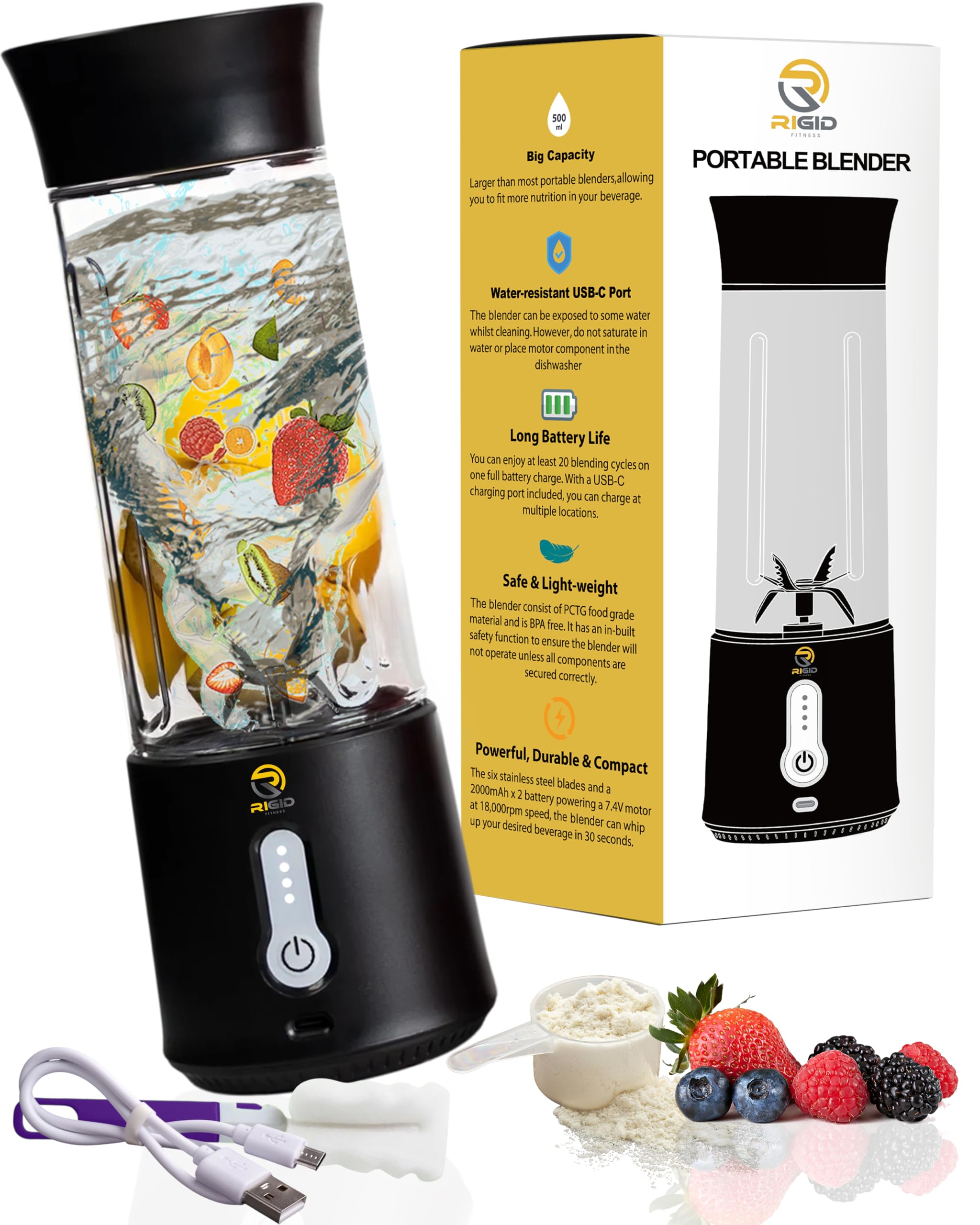آسیاب گرد و غبار قابل حمل RIGID FITNESS - آسیاب Smoothie با جعبه 500 میلی لیتری برای میوه ها، شیک و پروتئین های Smoothies 150 وات - شارژر USB-C قابل شارژ، 6 تیغه قدرتمند و بدون BPA - برای استفاده روزانه