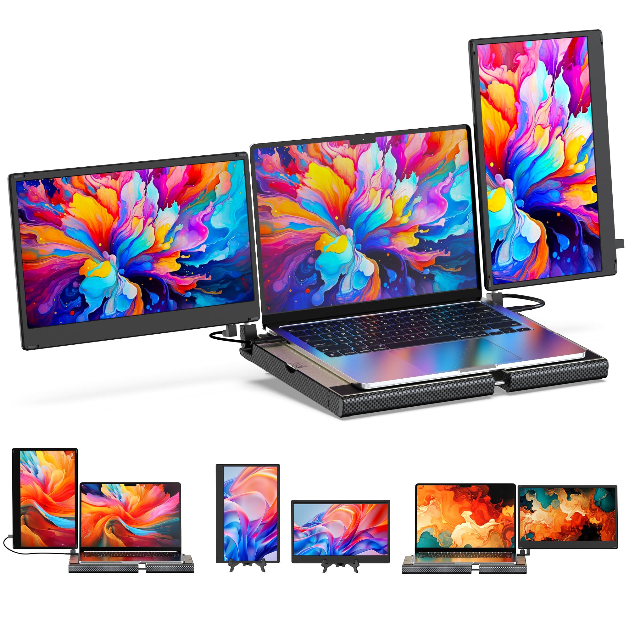صفحه نمایش قابل حمل F3 Triple 14 اینچ - صفحه نمایش چرخش 360 درجه برای کاربرد با استند، کارگاه کاری IPS FHD 1080P برای ویندوز / مک / لینوکس / کروم سازگار با لپ تاپ / کامپیوتر کوچک 14 اینچ سه گانه