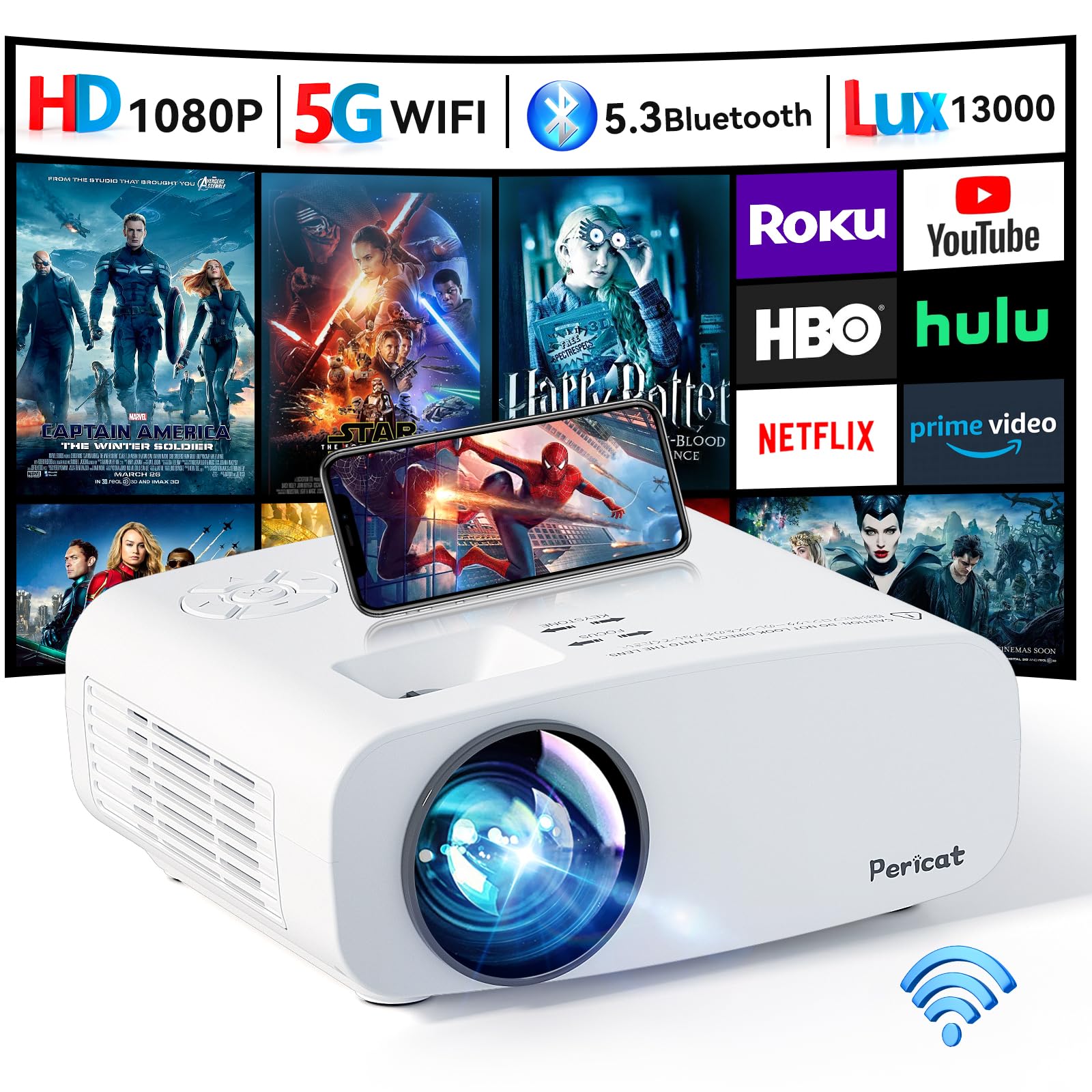 پروژکتور با وای فای و بلوتوث، پریکت 4K سازگار با 1080P نیتیو پروژکتور، پروژکتور قابل حمل فیلم برای تئاتر منزل، پروژکتور مینی سازگار با PC، HDMI، USB، TV Stick، PS5 سفید