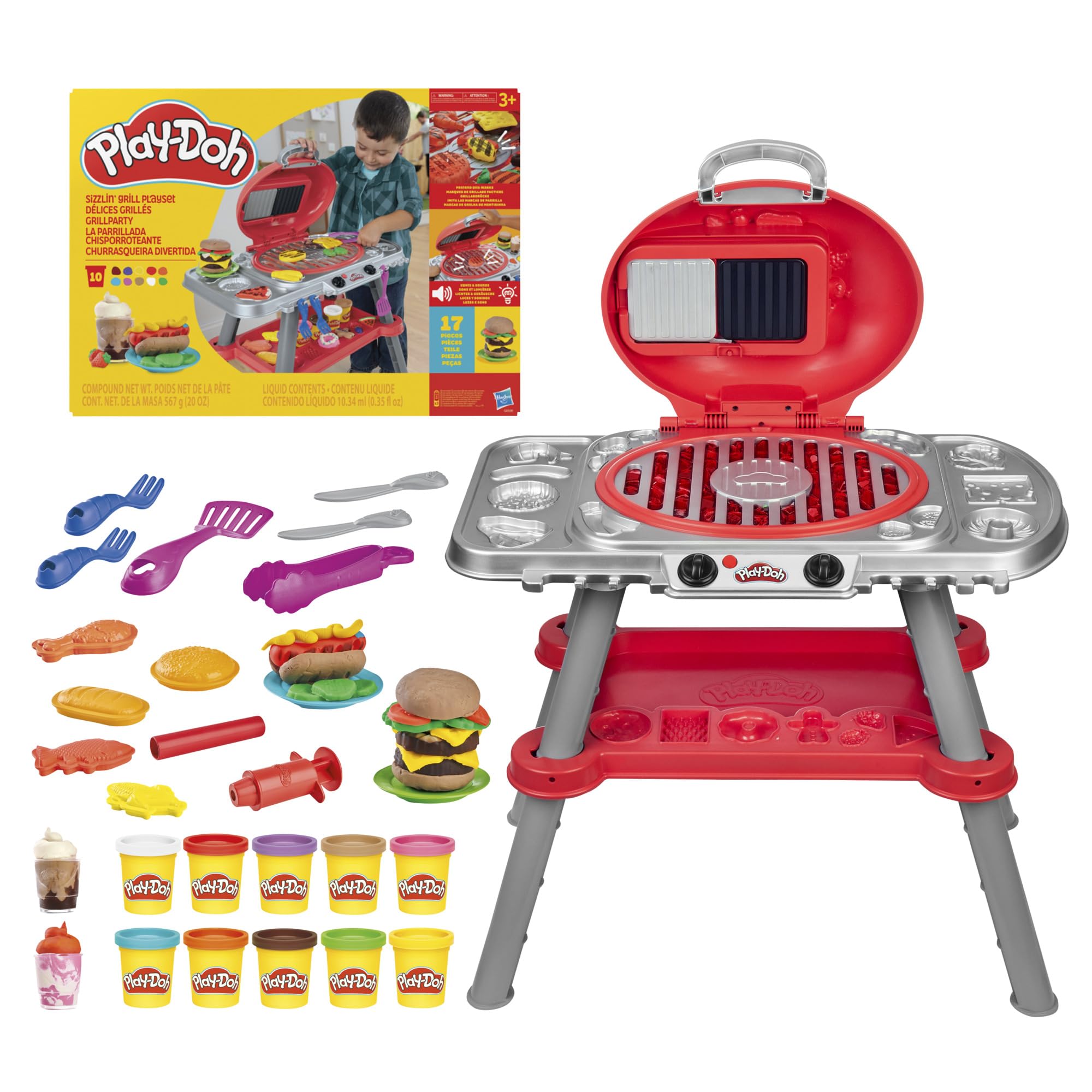 مجموعه بازی Play-Doh Sizzlin' Grill با چراغ‌ها و صداها، 17 اکسسوری، اسباب‌بازی BBQ برای پسران و دختران ۳ سال به بالا، غذاهای بازی و هنرهای دستی، رنگ قرمز
