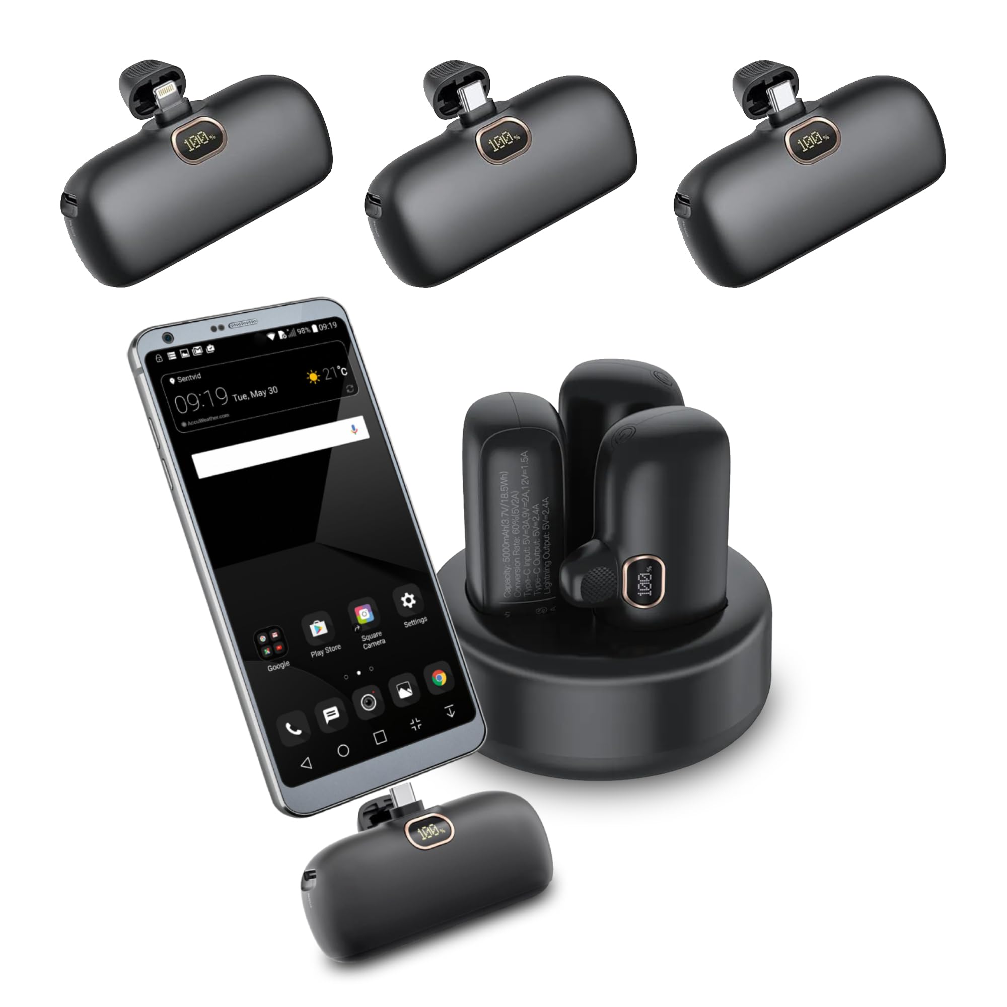 بسته 3 عددی پاور بانک 5000 میلی آمپر با ایستگاه شارژ، کیت سفری شارژ USB-C و لایتنینگ سریع، باتری پشتیبان قابل حمل 20 وات PD3.0 و 18 وات QC3.0، سازگار با آیفون 15 و دیگر دستگاه‌ها