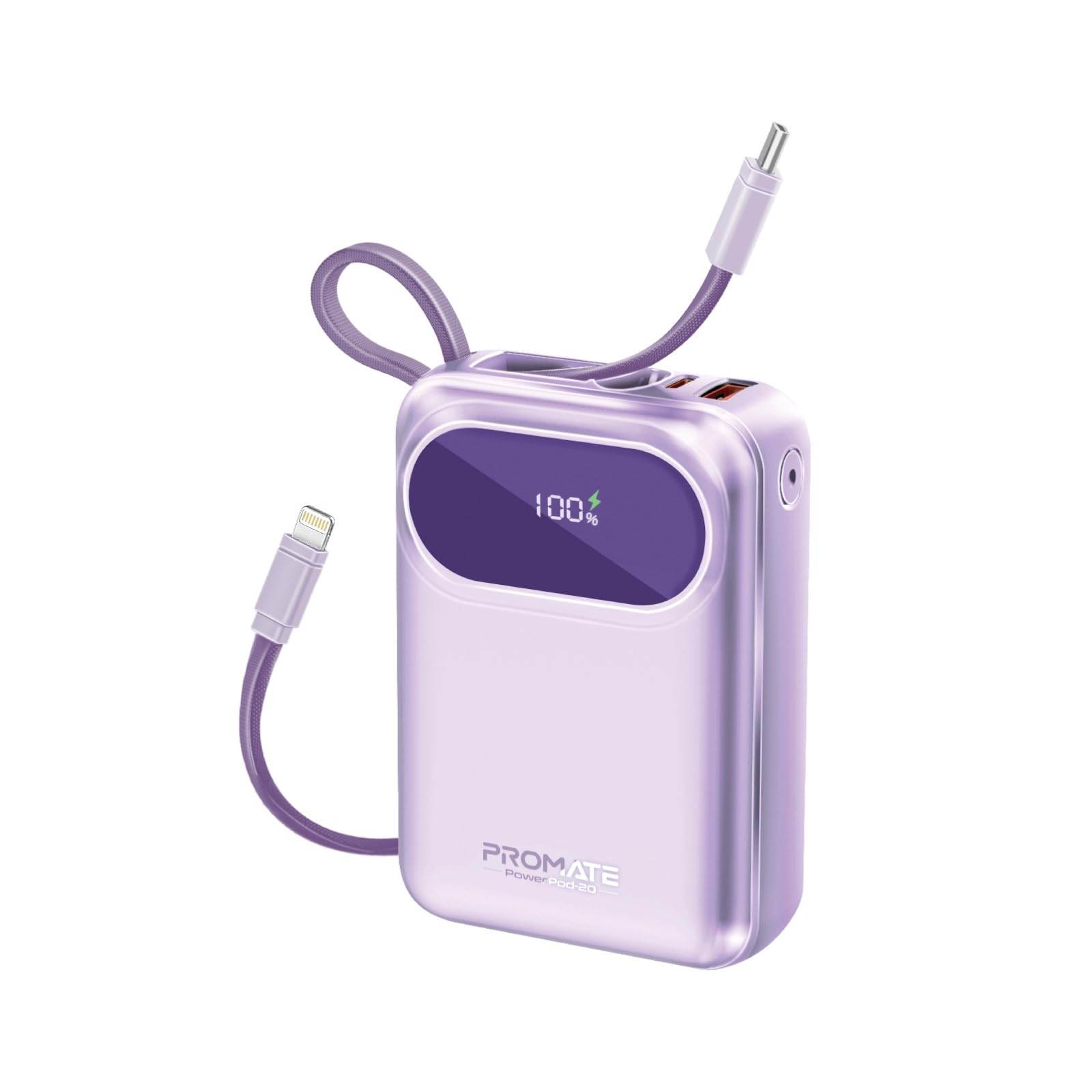 پاور بانک پرومیت با کابل‌های USB-C و لایتنینگ داخلی، پاور بانک شارژ سریع و جمع و جور با ظرفیت 20000mAh، پشتیبانی از شارژ 35 واتی USB-C و پورت Qualcomm QC 3.0 با توان 22.5 وات USB-A با نام PowerPod-20 ارائه می‌شود - رنگ بنفش