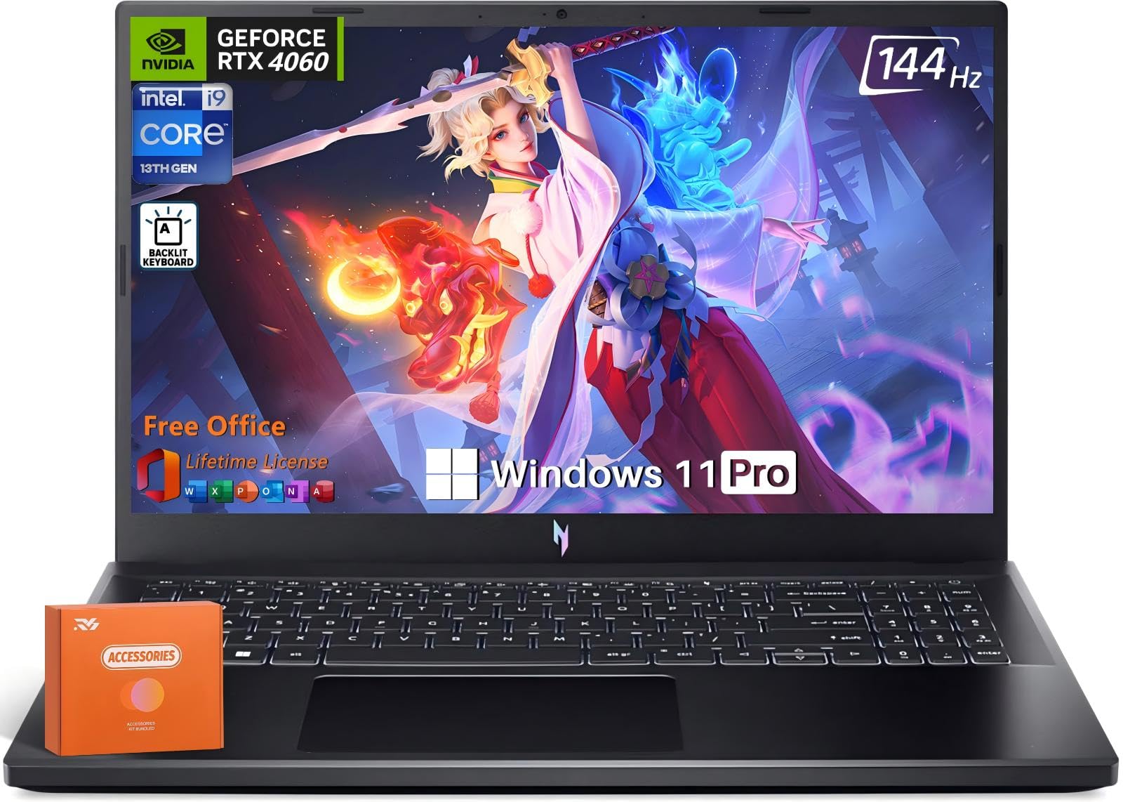 لپ تاپ بازی Nitro V ایسر، نمایش 15.6 اینچی FHD IPS با فرکانس 144 هرتز، پردازنده Intel چهارده هسته‌ای i9-13900H، 64 گیگابایت حافظه RAM DDR5، 4 ترابایت حافظه داخلی نورانی SSD، کارت گرافیک GeForce RTX 4060، Wi-Fi 6، صفحه کلید نور، ویندوز 11 Pro به همراه لوازم جانبی طراحی شده 64 گیگابایت رم | 4 ترابایت اس اس‌دی i9-13900H