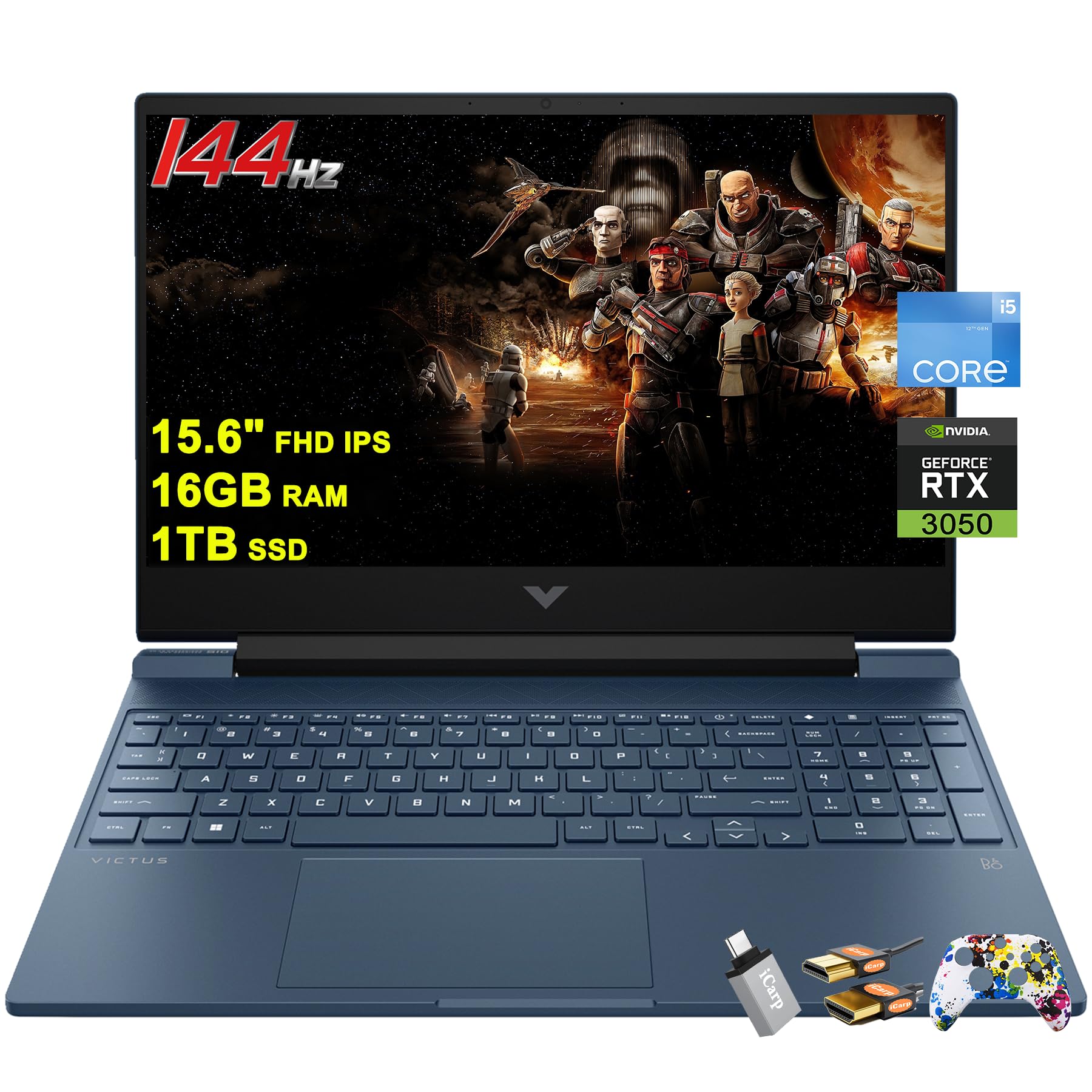 لپ تاپ بازی HP Victus 15 اینچی با صفحه نمایش FHD IPS Anti-Glare 144Hz اینتل 8 هسته ای i5-12450H (بهتر از i7-11800H)، 16 گیگابایت حافظه RAM، 1 ترابایت حافظه داخلی SSD، کارت گرافیک GeForce RTX 3050، صفحه کیبورد با نور پس زمینه B&O، شارژ سریع، ویندوز 11 رنگ آبی به همراه لوازم جانبی ICP.