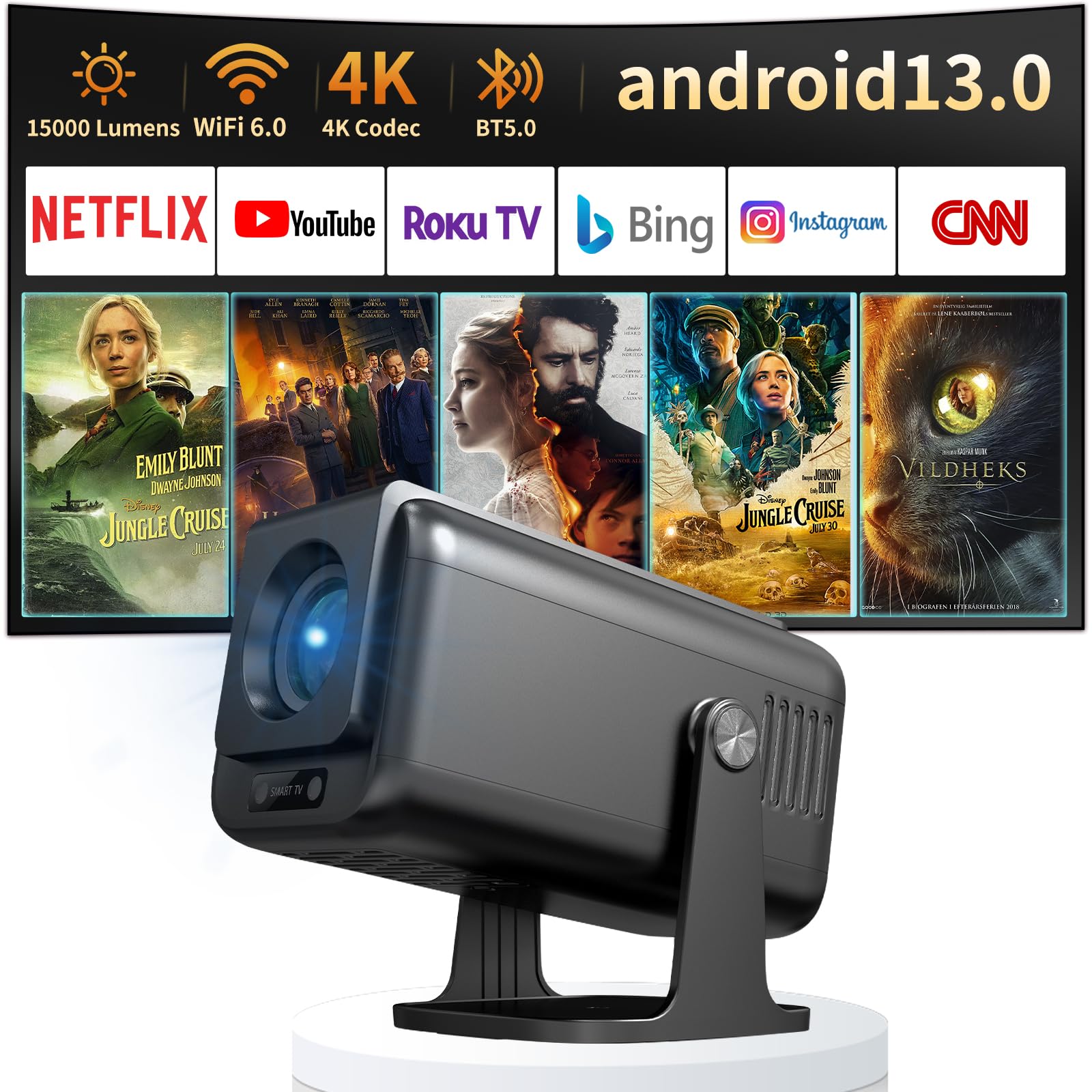 ویدیو پروژکتوری اصلی VICJIA با کیفیت 1080P، پشتیبانی از 4K، کی‌استون خودکار و فوکوس دستی، وایفای هوشمند اندروید پروژکتور، پروژکتور تئاتر منزل با صفحه نمایش بزرگ 200 اینچ برای کنفرانس و دفتر، برنامه Netflix/YouTube APP insta