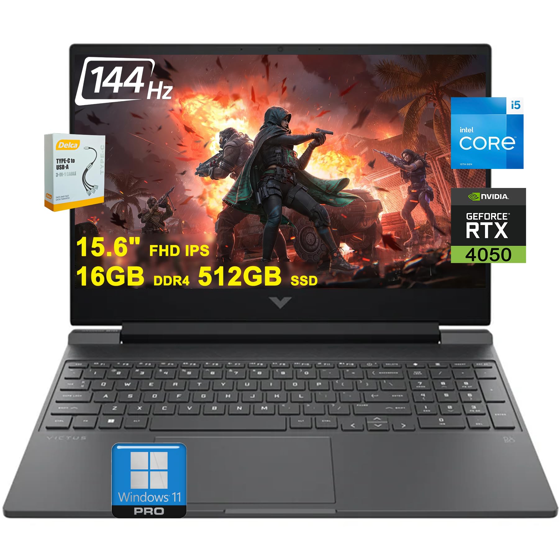 لپ تاپ بازی HP Victus | 15.6 اینچ FHD IPS 144Hz | اینتل 8 هسته‌ای i5-13420H (>i7-12650H) | 16GB DDR4 512GB SSD | گرافیک GeForce RTX 4050 6GB | صفحه کلید با نور USB-C B&O Fast Charge Win11Pro با لوازم جانبی DLCA