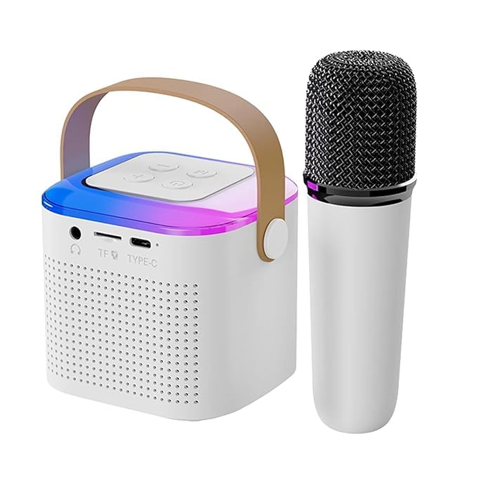 میکروفون بلوتوث بی‌سیم با تغییر صدای پیتا Voice Changing 5 in 1 دارای چراغ‌های LED، میکروفون کارائوکه قابل‌حمل با اسپیکر و پخش‌کننده، ضبط کننده برای جشن خانگی و تولد با چند رنگ متنوع (نقره‌ای)