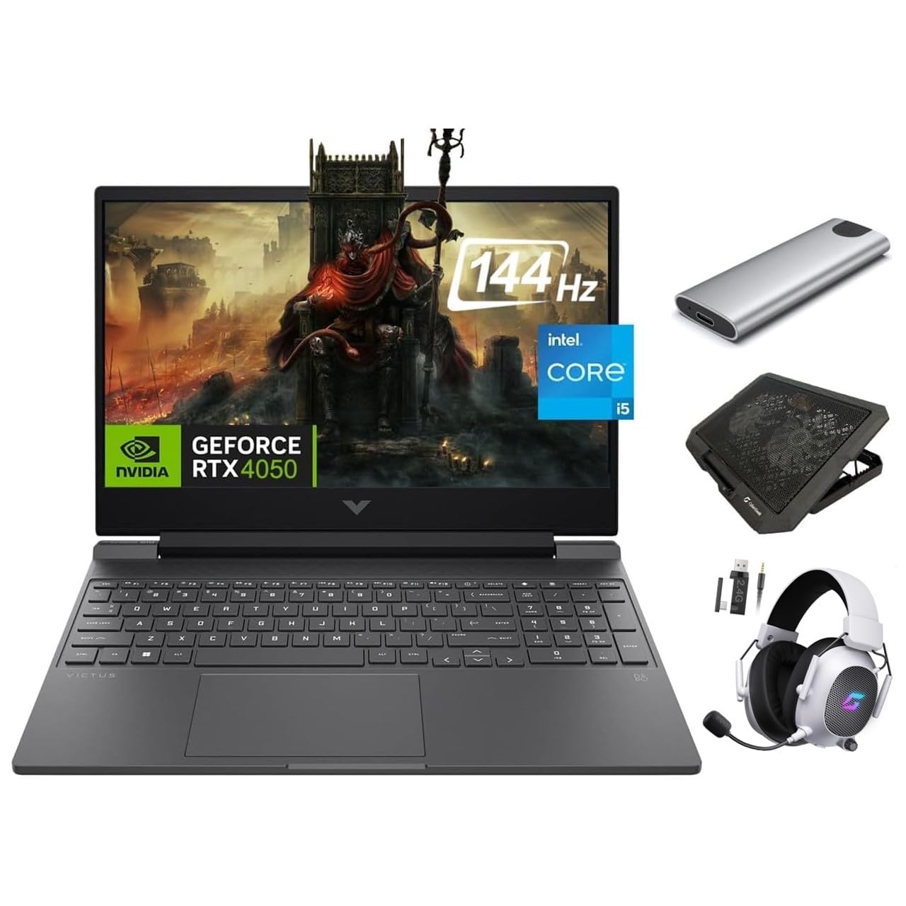 لپ تاپ بازی HP Victus، 15.6 اینچ 144Hz FHD، Intel i5-13420H 8 هسته ای، GPU NVIDIA RTX 4050 6GB، 16GB رم، 512GB حافظه SSD، صفحه کلید با نور پس زمینه، WiFi 6، وبکم، کیپد، پورت USB-C، باندل بازی 3 در 1، ویندوز 11