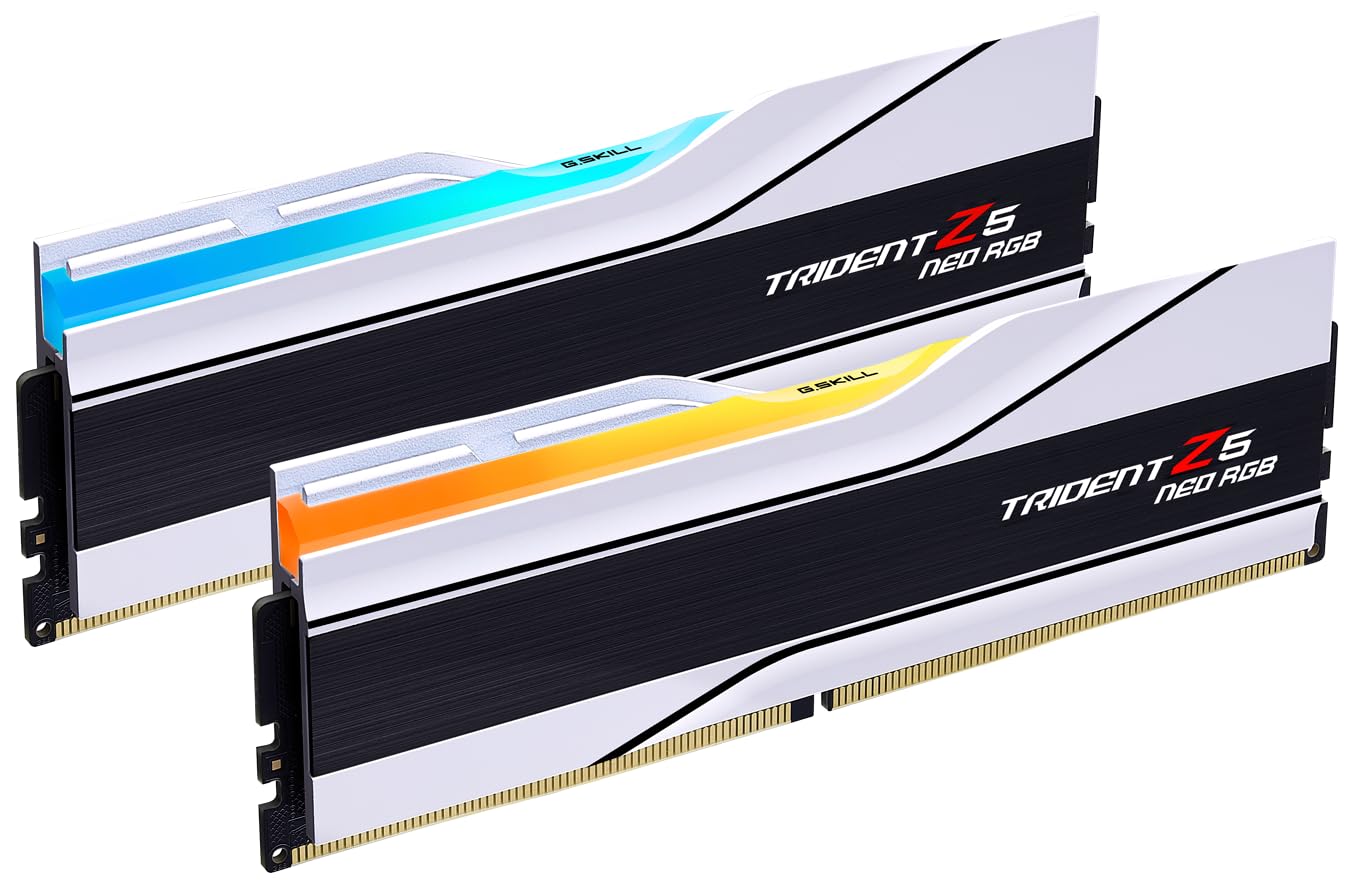 سری G.SKILL Trident Z5 Neo RGB (AMD Expo & Intel XMP 3.0) DDR5 RAM 64GB (2X 32GB) 6000MT/s CL36-36-36-96 1.35V حافظه کامپیوتر رومیزی U-DIMM - سفید مات (F5-6000J3636F32GX2-TZ5NRW)