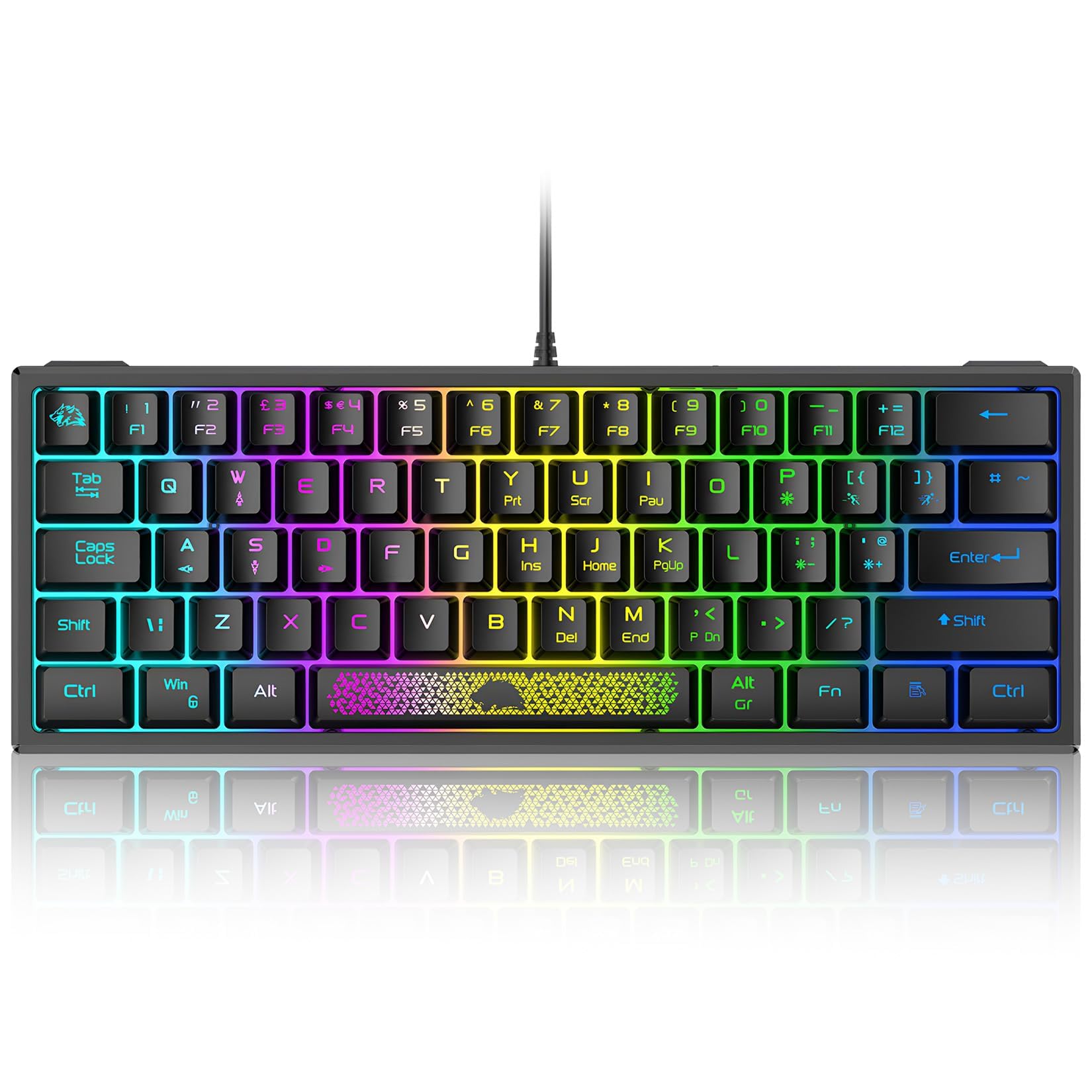 کیبورد بازی باسیم KASTWAVE 60٪، با نور پس زمینه RGB صفحه کلید فوق‌جمع و جور کوچک، صفحه کلید 62 کلیده پرتابل، صفحه کلید با سر احساس مکانیکی ضد آب برای گیمرهای PC/Mac، تایپیست‌ها، مسافرت‌کنندگان (سیاه)