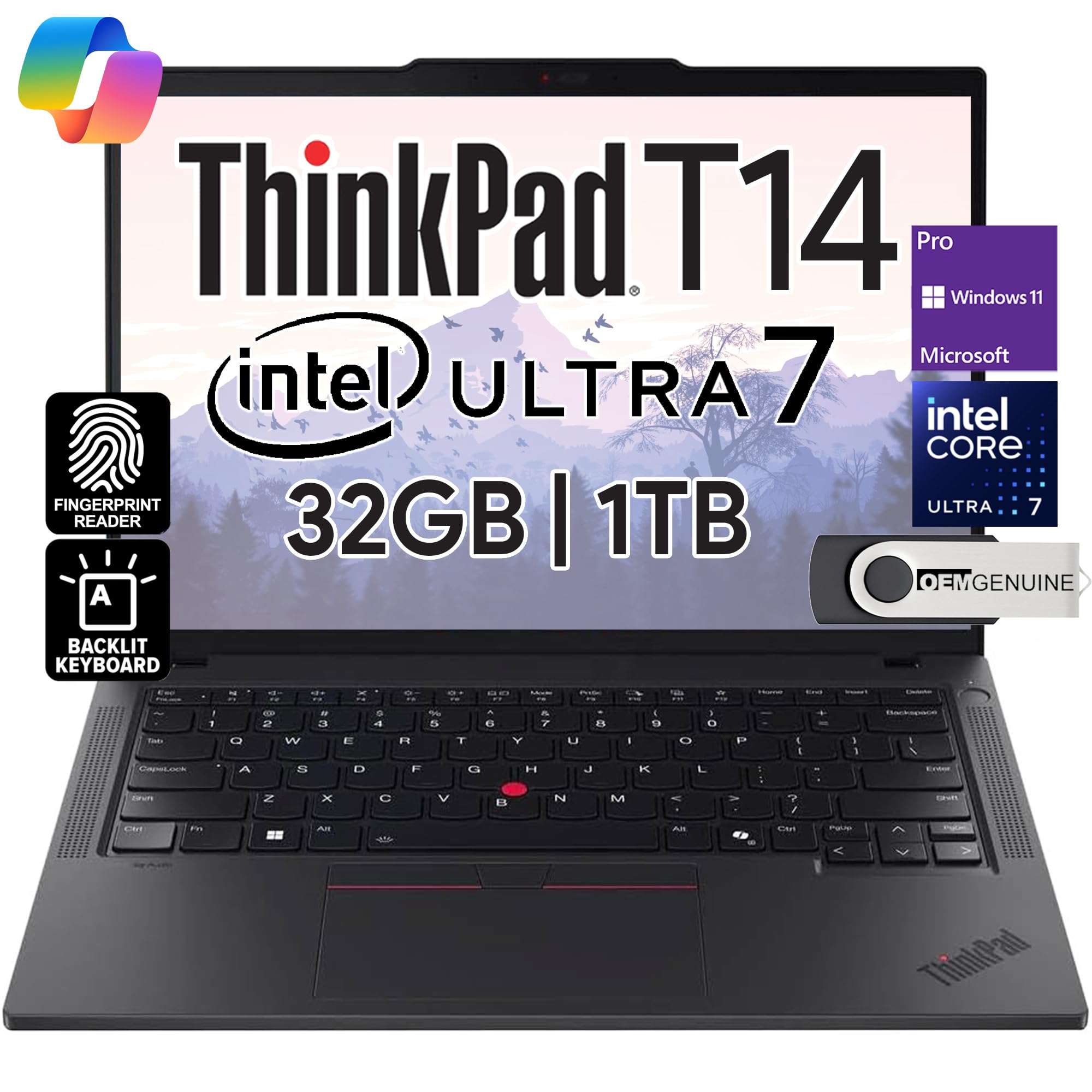 لپ تاپ تجاری لنوو تینک‌پد T14 (14 اینچ FHD+ IPS, اینتل الترا 7 155U, 32 گیگابایت رم DDR5, 1 ترابایت حافظه‌ی جامد), وبکم 5 مگاپیکسل, 2 پورت تاندربولت 4, کامپیوتر هوش‌مصنوعی 2024, ویندوز 11 پرو, گارانتی 3 ساله 32 گیگابایت رم | 1 ترابایت حافظه‌ی جامد اینتل الترا 7 155U