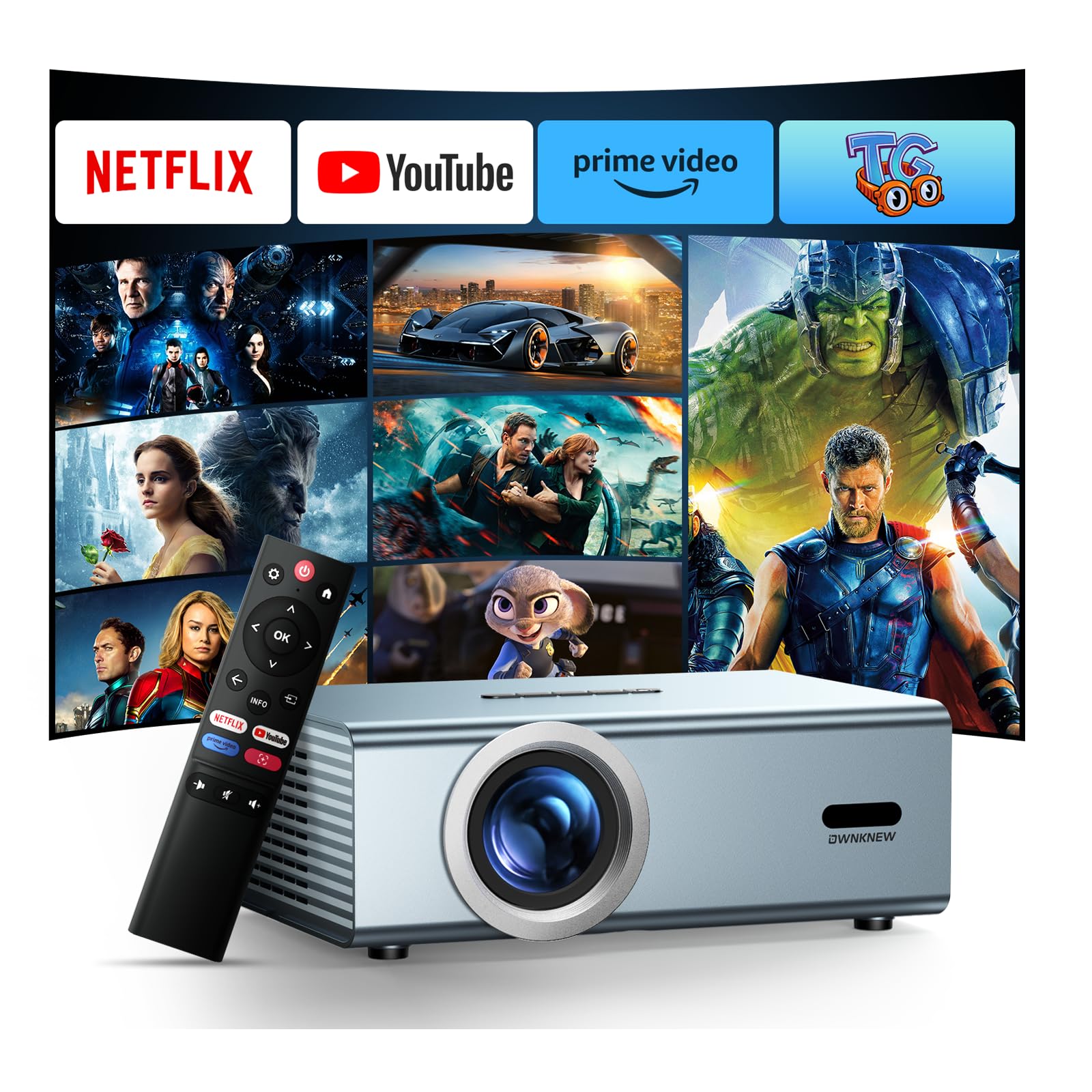 پروژکتور هوشمند [رسمی Netflix و صدای Dolby] با WiFi6 و Bluetooth5.3، فوکوس الکتریک و کی‌استون پروژکتور 4K، پروژکتور سینمایی 22000 لومن، پروژکتور نیتیو 1080P OWNKNEW