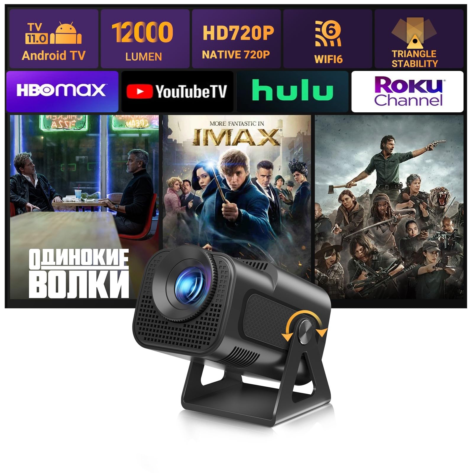 پروژکتور قابل حمل XGODY Gimbal5 - پروژکتور هوشمند مینی اندروید ۱۱ پشتیبانی از ۱۰۸۰P ۴K WiFi6 BT تئاتر خانگی ویدیویی با استند قابل چرخش ۱۸۰ درجه اتو کی‌استون برای اندروید، iOS مشکی مات