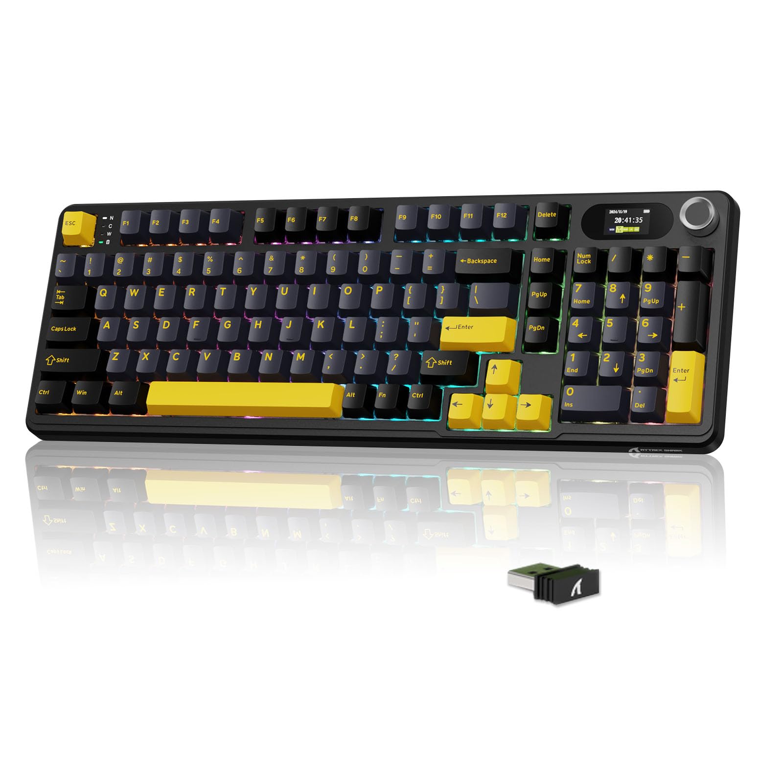 MAMBASNAKE × ATTACKSHARK X98، کیبورد مکانیکی بی‌سیم با نمایشگر LED و پیچ کنترل، کیبورد گیمینگ RGB با اتصال سه‌حالته (بلوتوث/۲.۴ گیگاهرتز/USB‑C)، دارای سوییچ‌های خطی از پیش روان‌کاری‌شده — بلک استار مشکی
