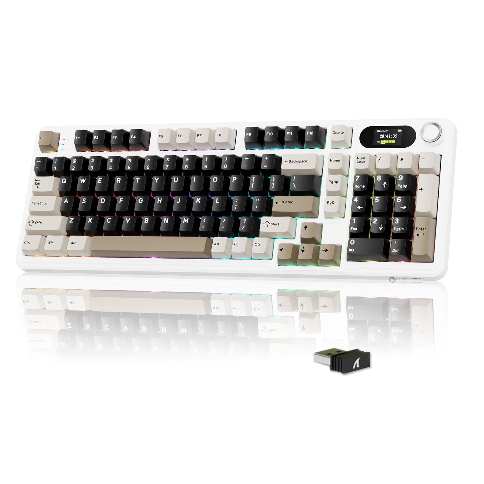 صفحه کلید بازی بی‌سیم MAMBASNAKE × ATTACK SHARK X98 Pro 96% - نمایشگر هوشمند LED و دسته‌چرخ، بلوتوث سه حالته/2.4G/USB-C، صفحه کلید مکانیکی RGB، حکاکی شده از طرف، قابل تعویض حرارتی سفت، سفید و قهوه‌ای، 4000mAh (سفید و قهوه‌ای) چیز سفید