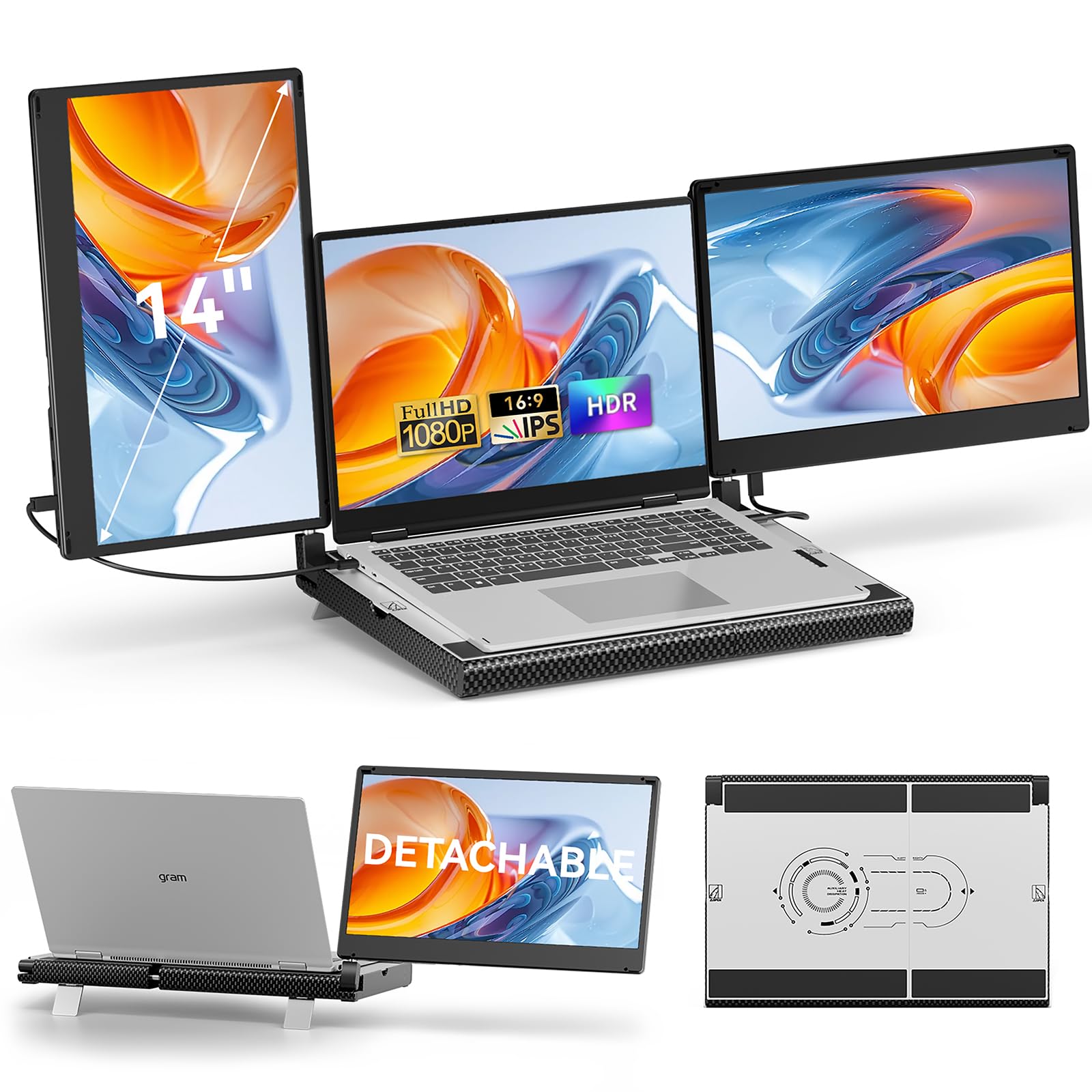 تازه سه گانه قابل حمل هوشمند - گسترشگر صفحه نمایش لپ تاپ 14 اینچی - FHD 1080P -300٪ کارآمدتر، چرخش 360 درجه / نمایش دوگانه جداپذیر، USB C / HDMI پلاگ اند پلی، و گسترشگر صفحه نمایش لپ تاپ برای وین / مک