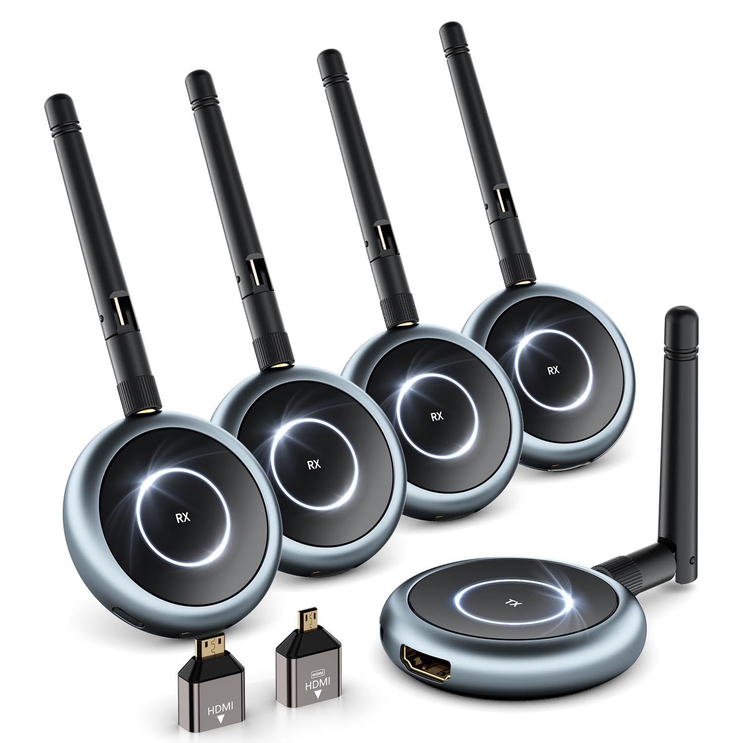 فرستنده بی‌سیم HDMI TIMBOOTECH و ۴ گیرنده - تا ۸ نمایشگر، پلاگ و پلی، تقویت کننده بی‌سیم HDMI 5.8G برای کامپیوتر، لپ‌تاپ، جعبه تلویزیون، دوربین به تلویزیون‌ها، مانیتورها، پروژکتورها - 165 فوت/50 متر 1 فرستنده و 4 گیرنده