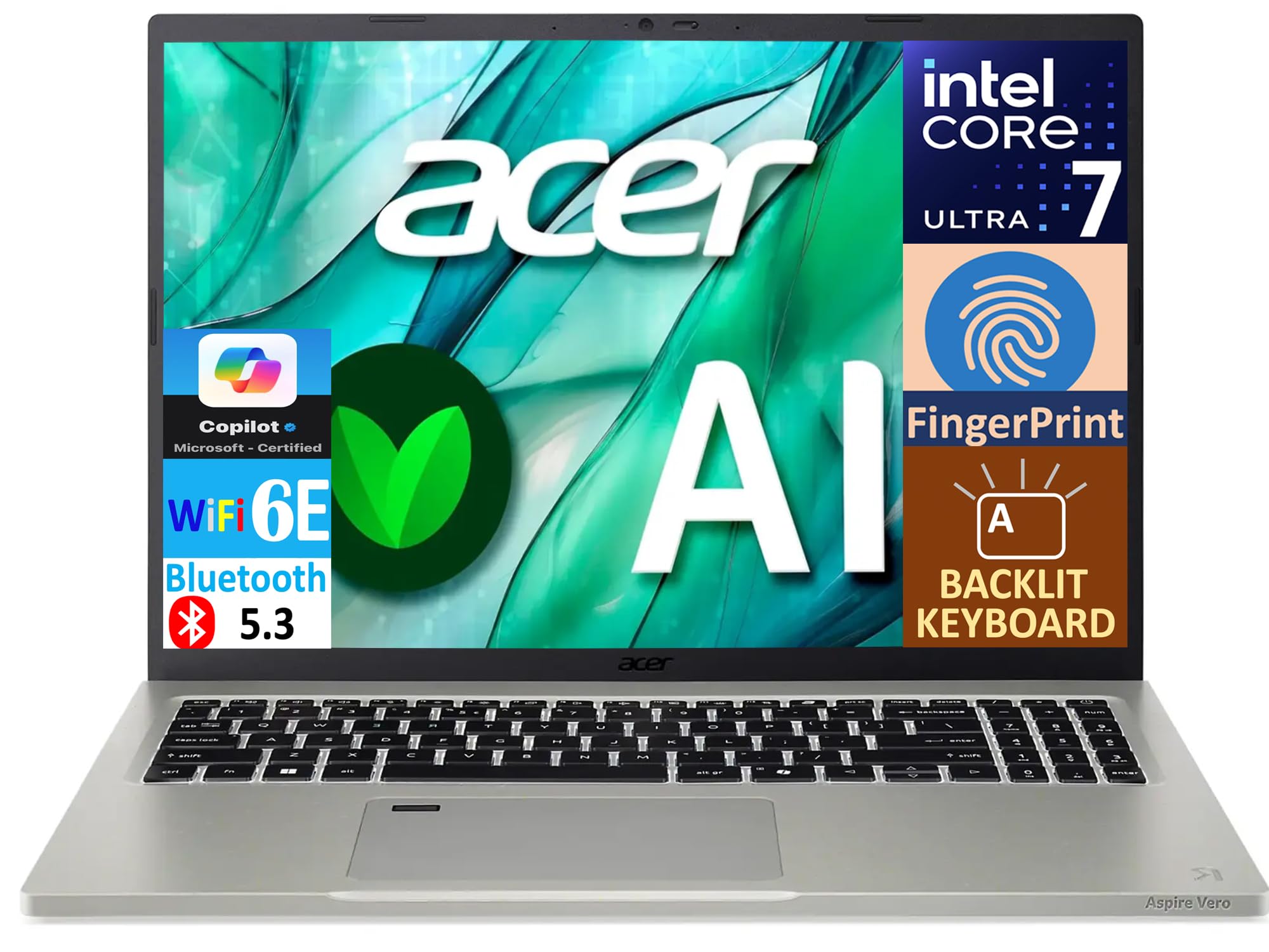لپ تاپ قدرتمند Acer Aspire Vero 16 با نمایشگر IPS WQXGA 16.0 اینچ (Intel Core Ultra 7 155U، 16GB LPDDR5X، 512GB PCIe SSD، گرافیک اینتل، صفحه کلید با نور پس‌زمینه، اثر انگشت، 2 پورت Thunderbolt 4، WiFi 6E، ویندوز 11 Pro) با 16GB RAM و 512GB SSD Win11Pro