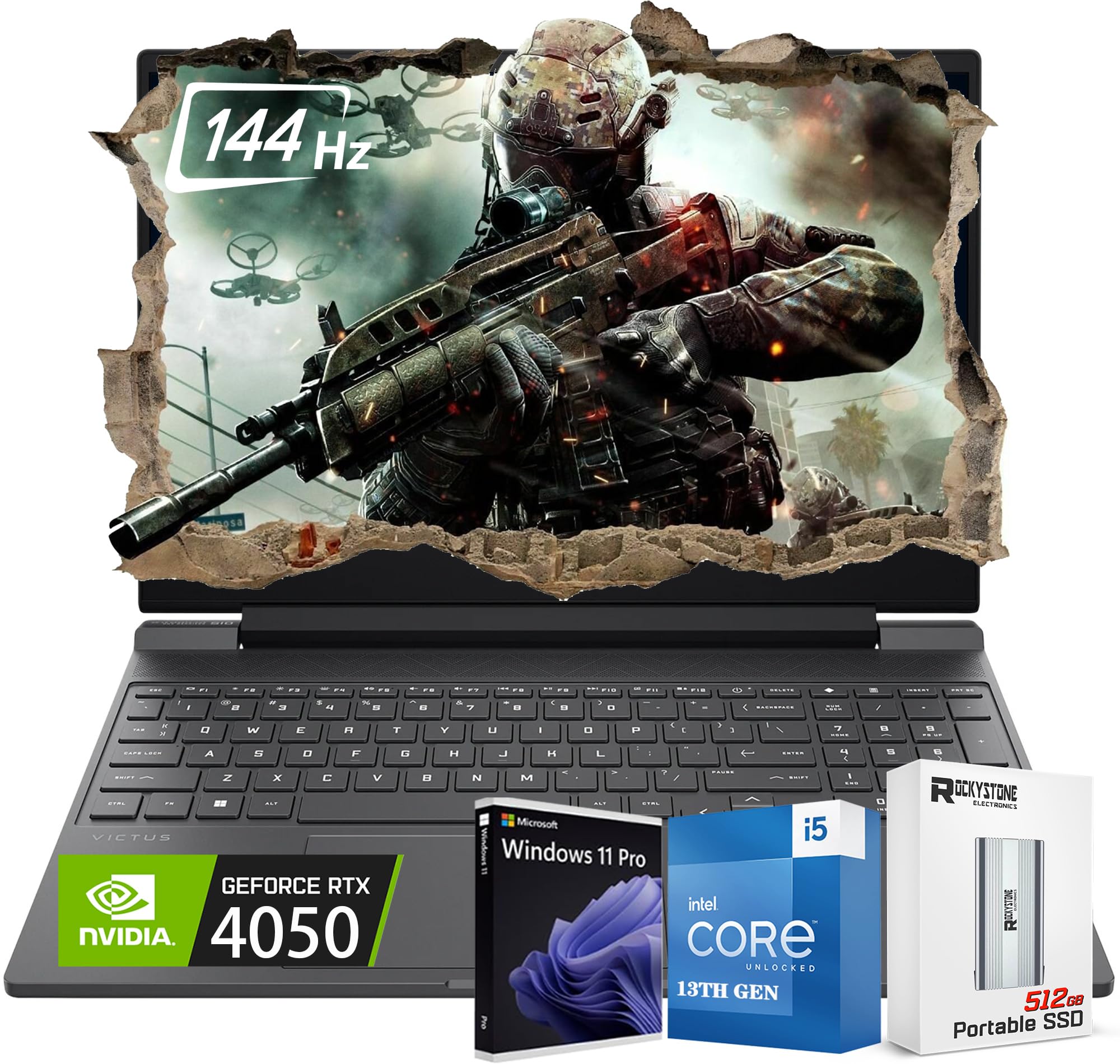 لپ تاپ بازی حرفه‌ای HP Victus 15.6 اینچ 144Hz FHD IPS با گرافیک RTX 4050، پردازنده Intel 8-Core i5-13420H نسل سیزدهم تا 4.6 گیگاهرتز، صفحه کلید با نور پس زمینه، بلوتوث 5.3، با 512GB فضای حافظه SSD، ویندوز 11 PRO (16GB RAM | 1TB SSD)، حافظه RAM 16GB، ویندوز 11 PRO، پردازنده i5-13420H، و گرافیک RTX 4050
