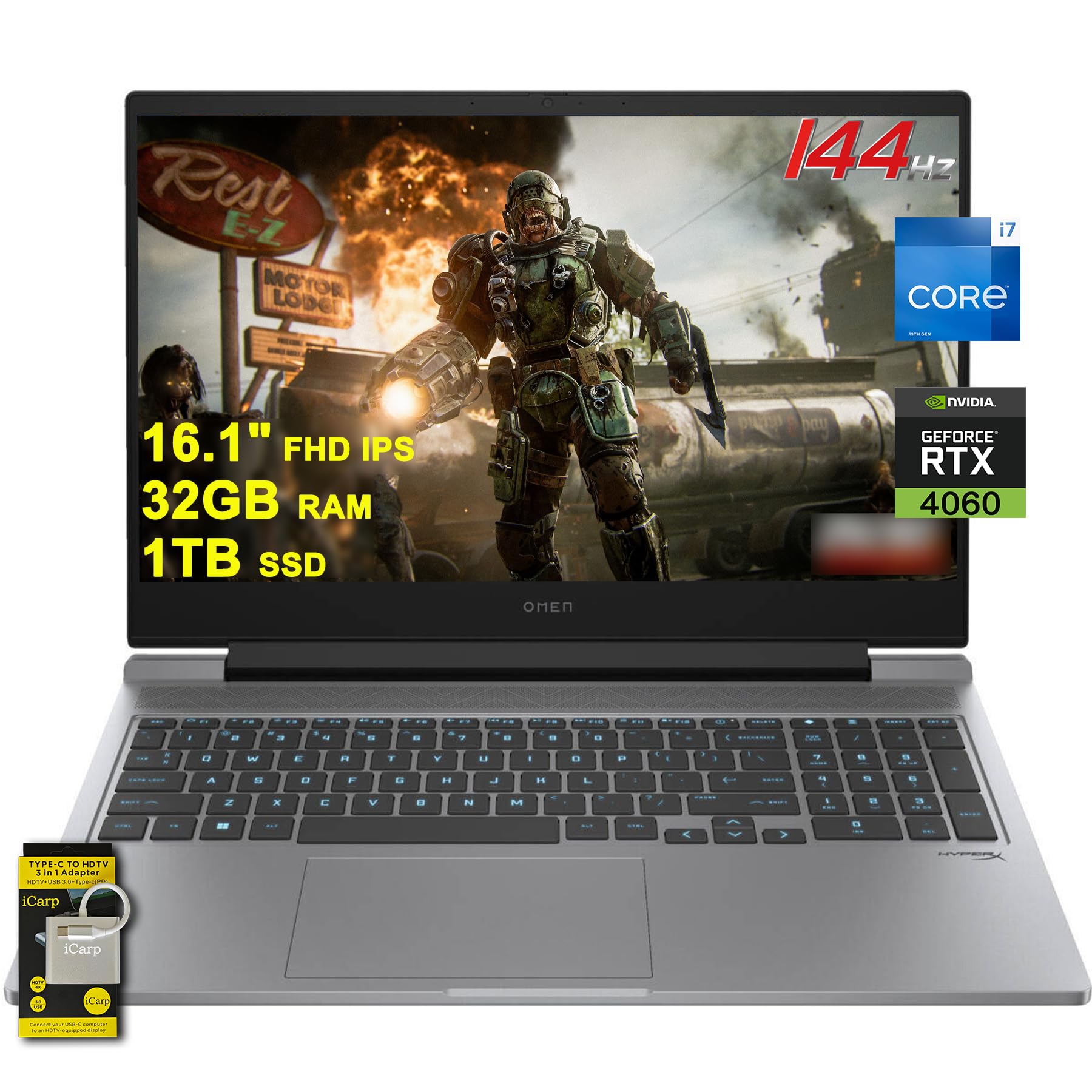 لپ تاپ بازی HP Omen 16 اینچ به همراه پردازنده اینتل 16 هسته ای i7-14650HX (بالاتر از i9-13900HX)، 32 گیگابایت حافظه RAM، 1 ترابایت حافظه داخلی SSD، کارت گرافیک GeForce RTX 4060، صفحه کلید با نور RGB، پورت Thunderbolt، دوربین حریم خصوصی FHD، شارژ سریع، سیستم عامل ویندوز 11 همراه با لوازم جانبیICP.