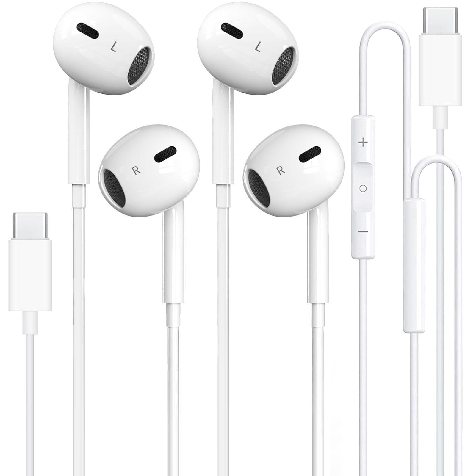 2 بسته گوشی های USB C سیمی برای آیفون 15، گوشی های C نوع با میکروفون و ریموت گوشی های نوسازی نویز برای آیفون 15 پرو مکس، آیپد، گلکسی S23/S22/S21/S20/اولترا نوت 10/20، پیکسل 7/6/5/4 سفید