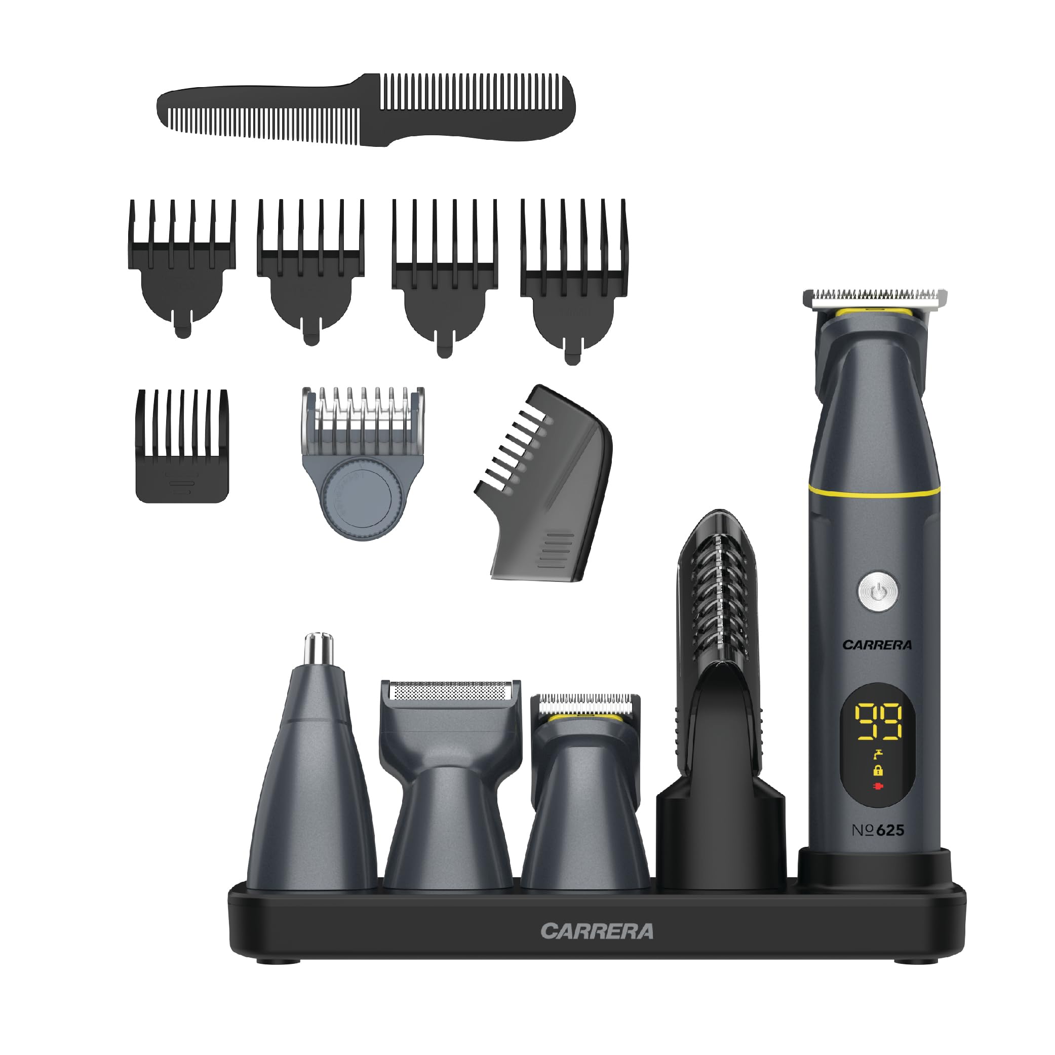تریمر بدن CARRERA All-in-1 برای مردان، تیغه استیل ضد زنگ، بی سیم، ضد آب IPX6، شارژ USB، نمایشگر LED، بوست 5 دقیقه، پیوستهای چندگانه، هدیه مرتب سازی، CRR625، گارانتی 2 ساله