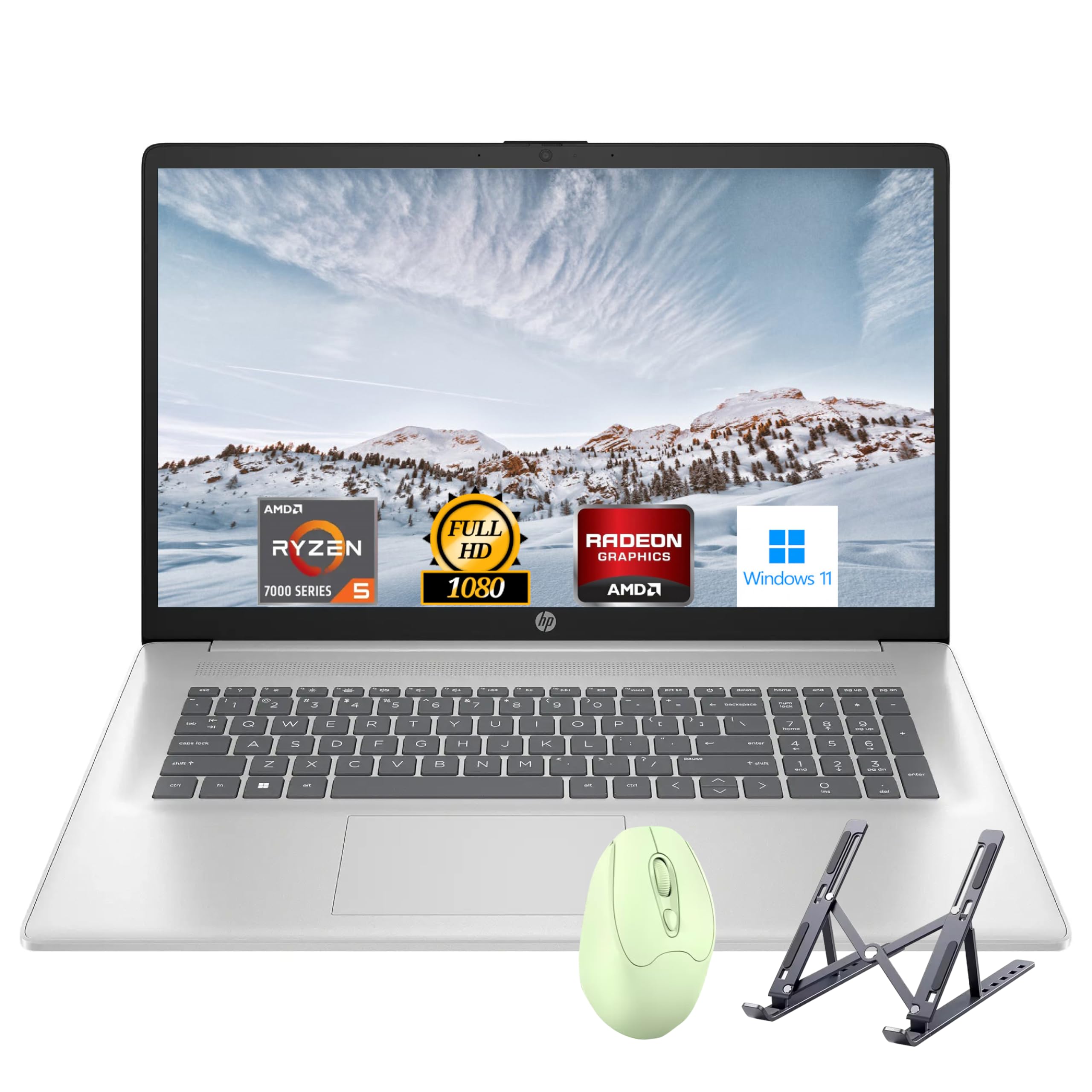 لپ تاپ اچ‌پی 17.3 اینچ، نمایشگر Full HD (1920 * 1080)، پردازنده AMD Ryzen 5 (قدرتمندتر از i7-11370H)، 32GB RAM، 1TB SSD، ویندوز 11 Home، وب‌کم، وای-فای، بلوتوث، رنگ نقره‌ای طبیعی، لوازم جانبی Alpacatec 32GB RAM | 1TB SSD | AMD Ryzen 5 7430U رنگ نقره‌ای طبیعی