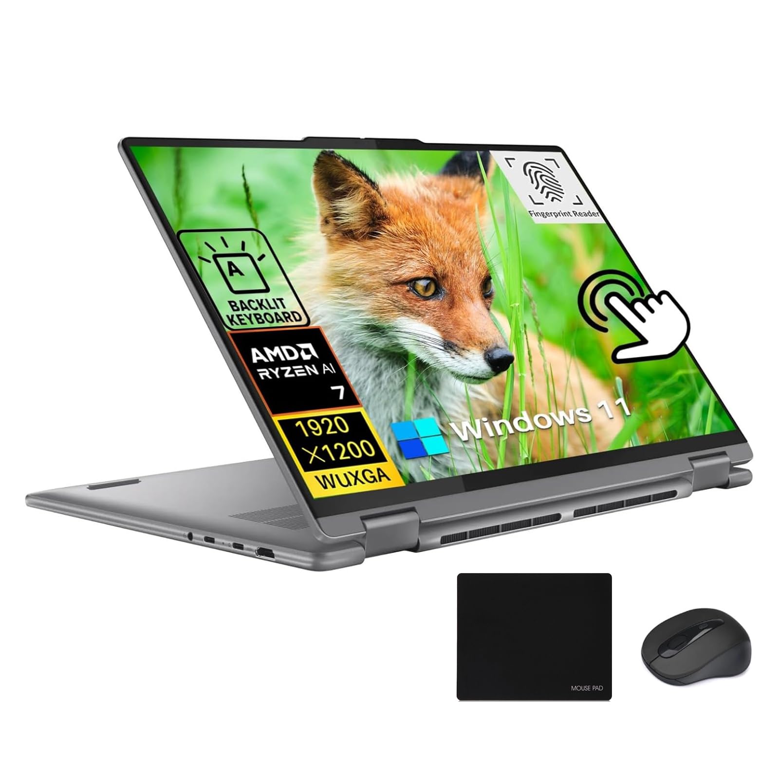 لپ تاپ لنوو یوگا 7 2 در 1 با صفحه نمایش لمسی 16 اینچی و رزولوشن 2K، با پردازنده AMD Ryzen 7 8840HS، دارای 16 گیگابایت RAM LPDDR5X، 2 ترابایت حافظه SSD، عمر باتری طولانی، خواننده اثر انگشت، صفحه کلید با نور پس زمینه، ویندوز 11 هوم، رنگ خاکستری کم‌رنگ، همراه با اکسسوری‌های موس EAT