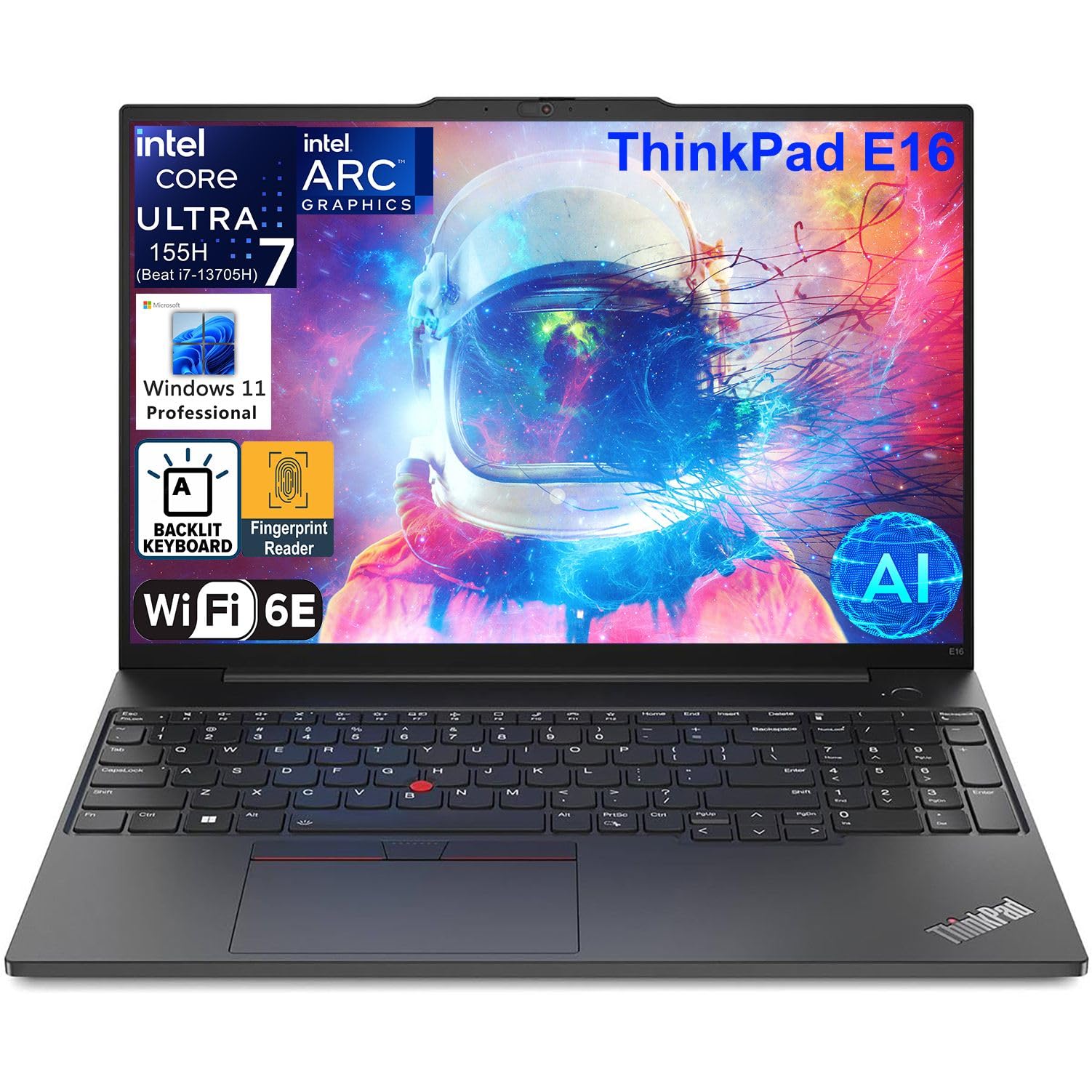 لپ تاپ تجاری لنوو تینک‌پد E16 G2 با صفحه نمایش 16 اینچ FHD+, پردازنده 16 هسته ای اینتل اولترا 7 155H (قدرتمندتر از اولترا 7 255U), 32 گیگابایت رم DDR5، 1 ترابایت حافظه SSD PCIe، WiFi 6E، کیبورد دارای نور پس زمینه، خواننده اثر انگشت، ویندوز 11 پرو
