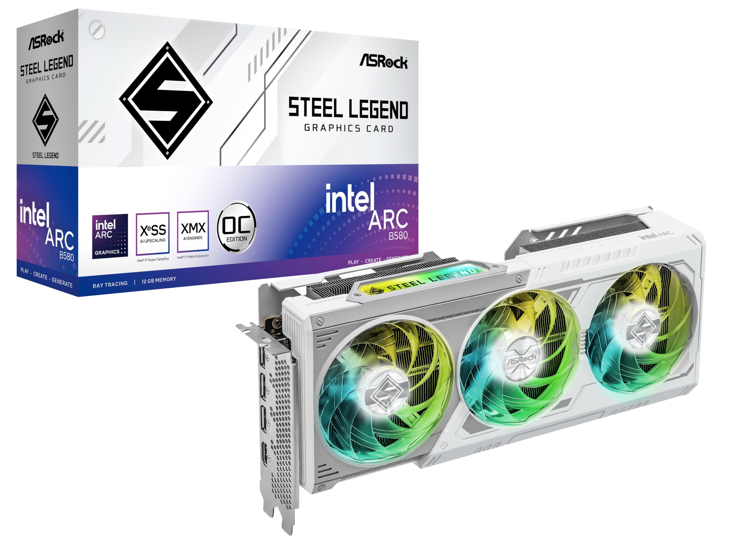 کارت گرافیک سه‌گانه ASRock Intel ARC B580 Steel Legend با 12GB حافظه، سرعت کلاک 2800 مگاهرتز، نرخ انتقال 19 گیگابیت بر ثانیه، حافظه GDDR6 192 بیتی، و پشتیبانی از رزولوشن 7680 در 4320 و قدرت 650 وات