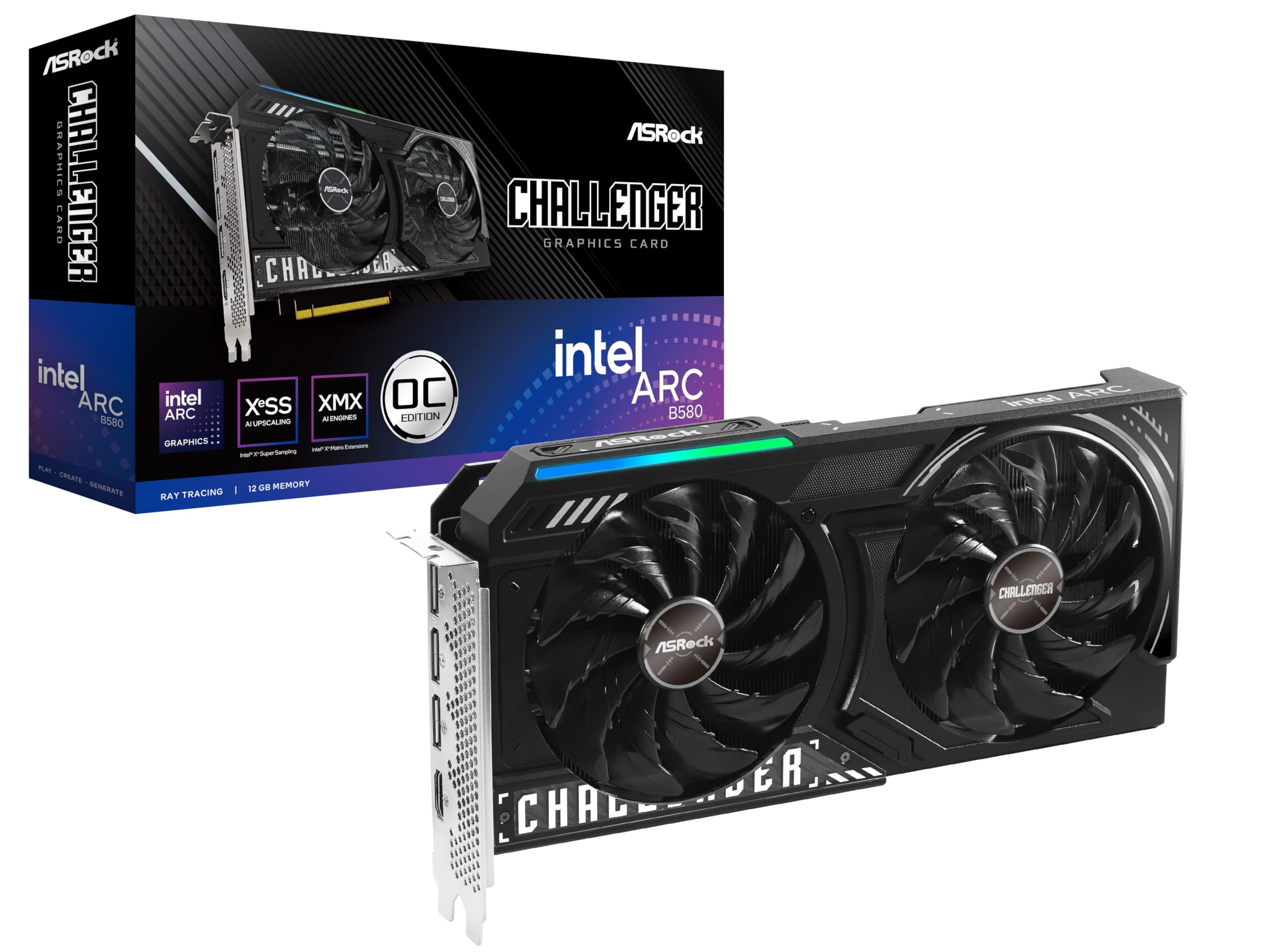 کارت گرافیک دو فن ASRock Intel ARC B580 Challenger 12GB OC GDDR6 با سرعت 19 گیگابایت بر ثانیه، 192 بیت، 2740 مگاهرتز، 650 وات، 7680 در 4320