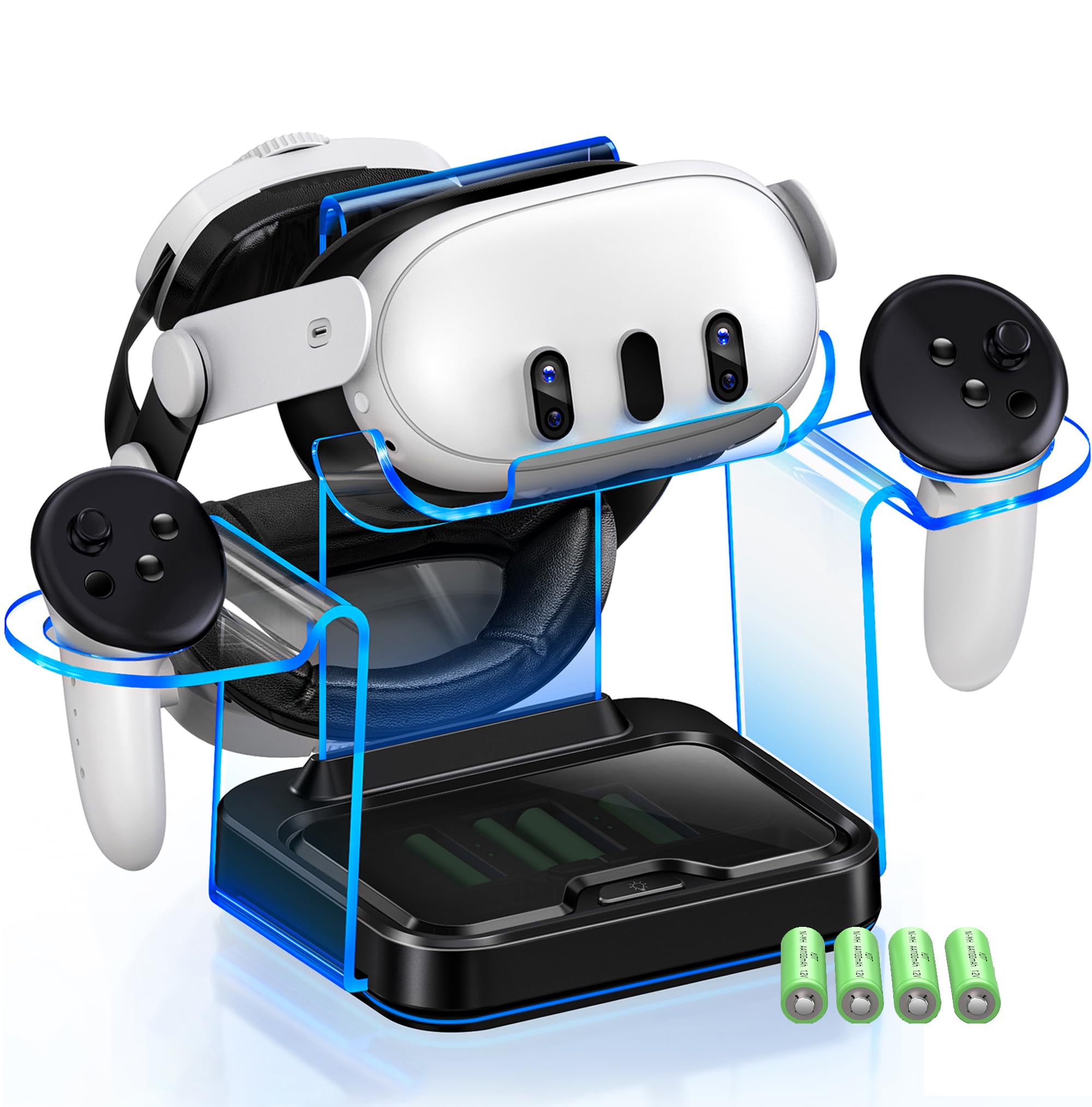 ايستگاه شارژ براي Meta Quest 3/3S/2 با 4 باتري شارژ كننده قابل تعويض، ايستگاه شارژ سريع براي Oculus Quest 3/2 با چراغ LED، نمايشگر هدست واقعيت مجازي Meta Quest 3 لوازم جانبي با كابل USB C