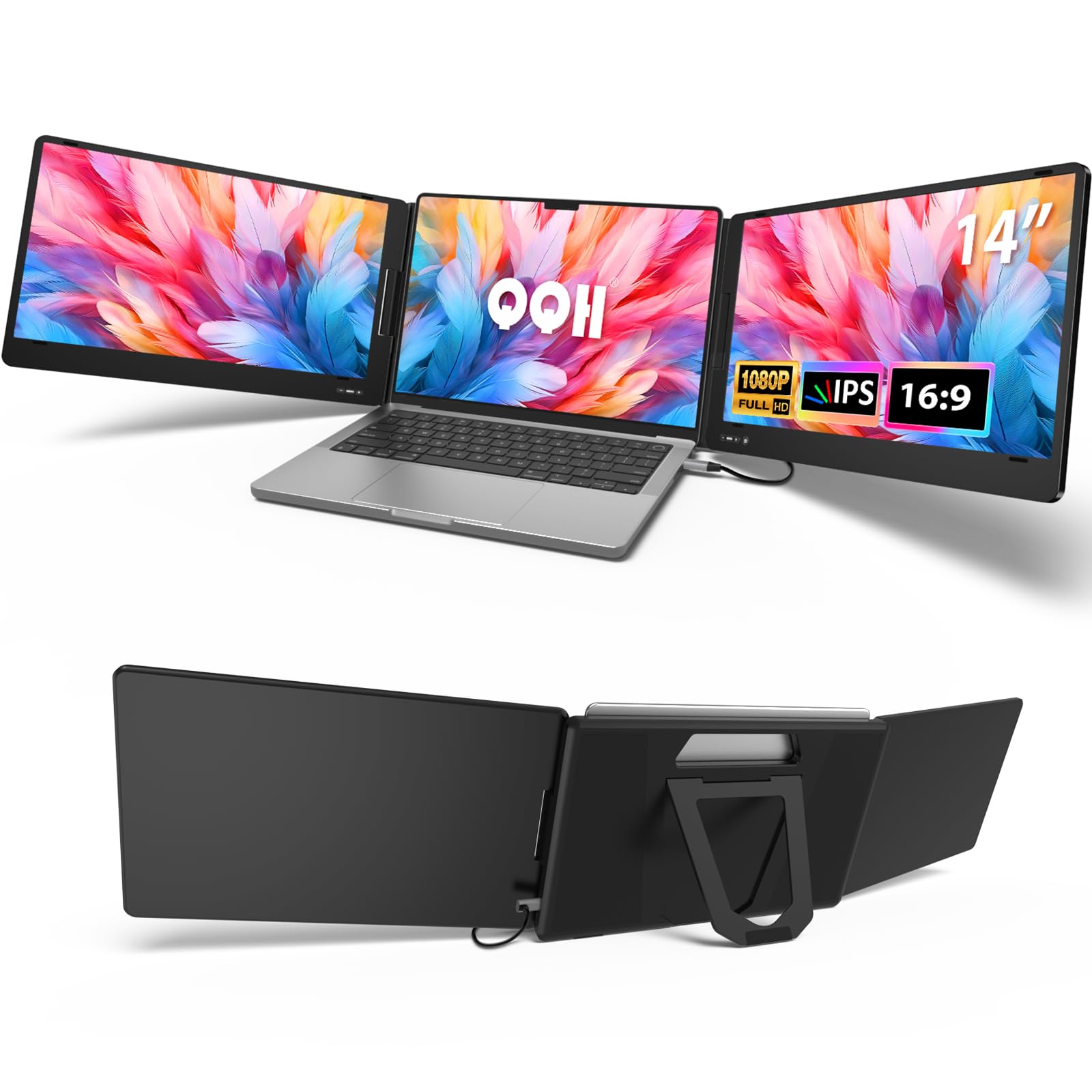 مانیتور قابل حمل سه مانیتور، صفحه نمایش لپ تاپ 14 اینچی 1080P، فقط یک پلاگ USB-C و نصب آسان، سازگار با MacOS، Wins، Android برای لپ تاپ های 12-16 اینچی، نیاز به درایور X70A-سیاه