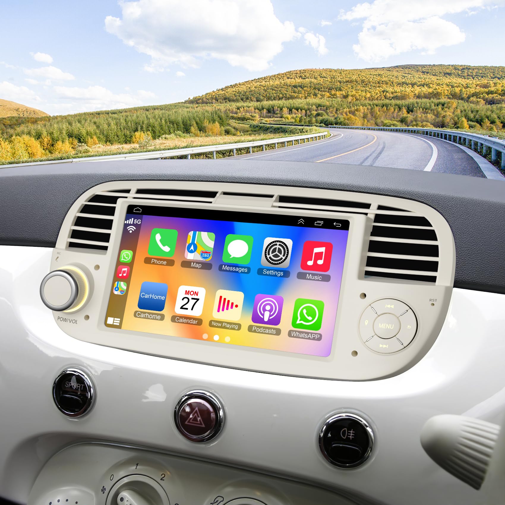 رادیو خودرو برای فیات ۵۰۰ (۲۰۰۷-۲۰۱۵)، نمایشگر ۷ اینچی IPS HD، CarPlay بی‌سیم و اندروید کار، مسیریابی GPS، WiFi، بلوتوث ۵.۲، دوربین عقب، کنترل صوتی، کنترل‌های استیرینگ (SWC) و رادیو FM - سفید