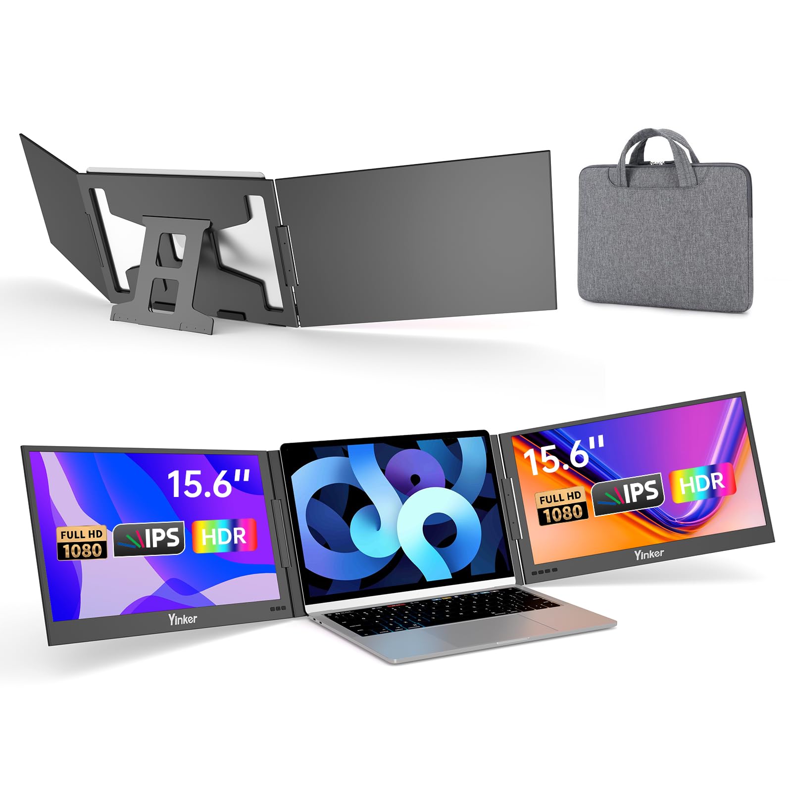 پهنای صفحه نمایش لپتاپ، 15.6 اینچ، تقویت کننده صفحه نمایش سه گانه قابل حمل برای لپتاپ، تنها یک اتصال USB-C، کیفیت تصویر 1080P Full HD، چرخش 360 درجه سازگار با MacOS، ویندوز، اندروید، مناسب برای لپتاپ‌های 11-16 اینچ