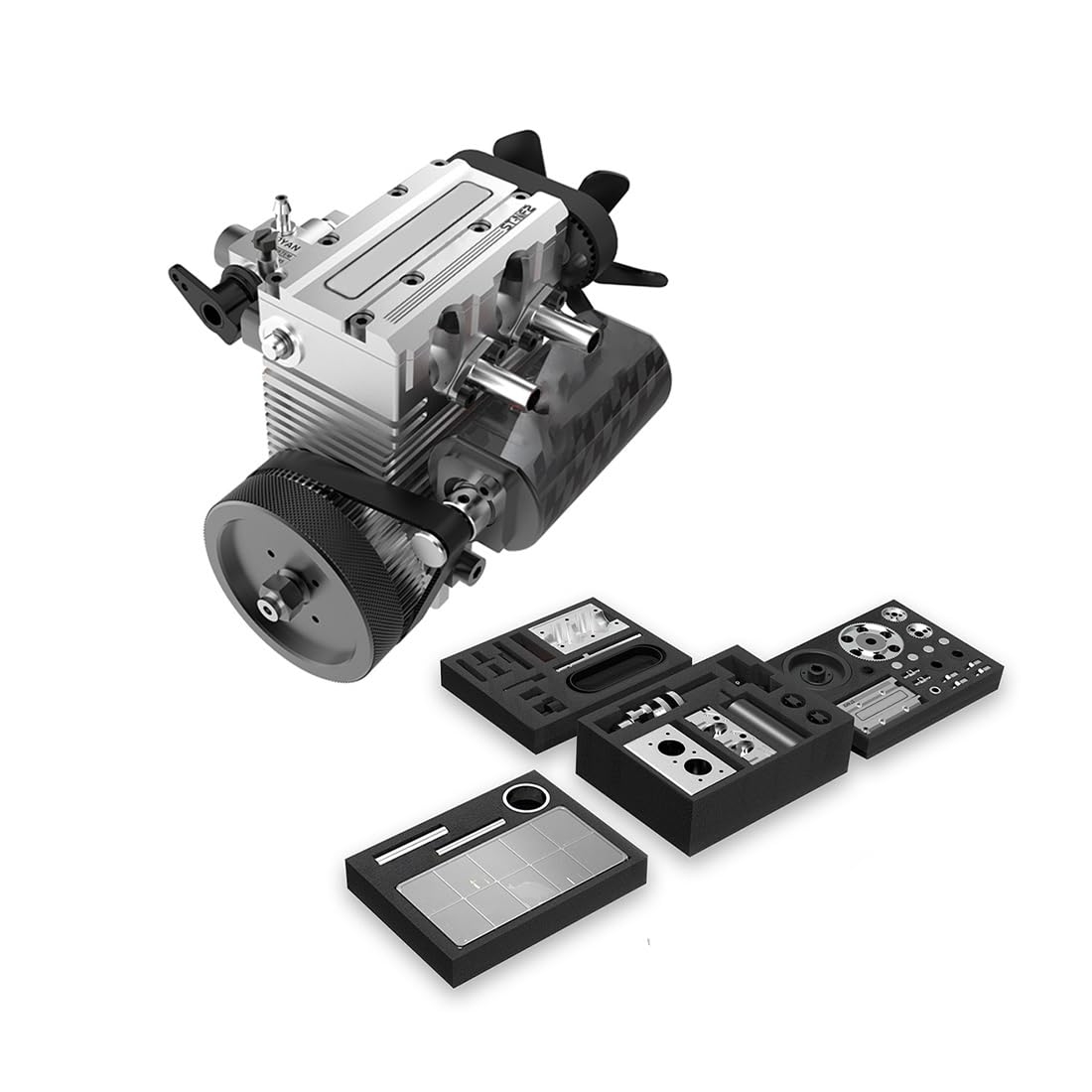 مدل موتور کنسول ایکسپرس که قابلیت اجرا دارد، ST-NF2 L2 Mini Inline Double-Cylinder Four-Stroke Air-Cooled Metal Nitro Engine Build Kit با موتور برس 480، مجموعه آزمایش علوم فیزیکی برای بزرگسالان - نقره‌ای