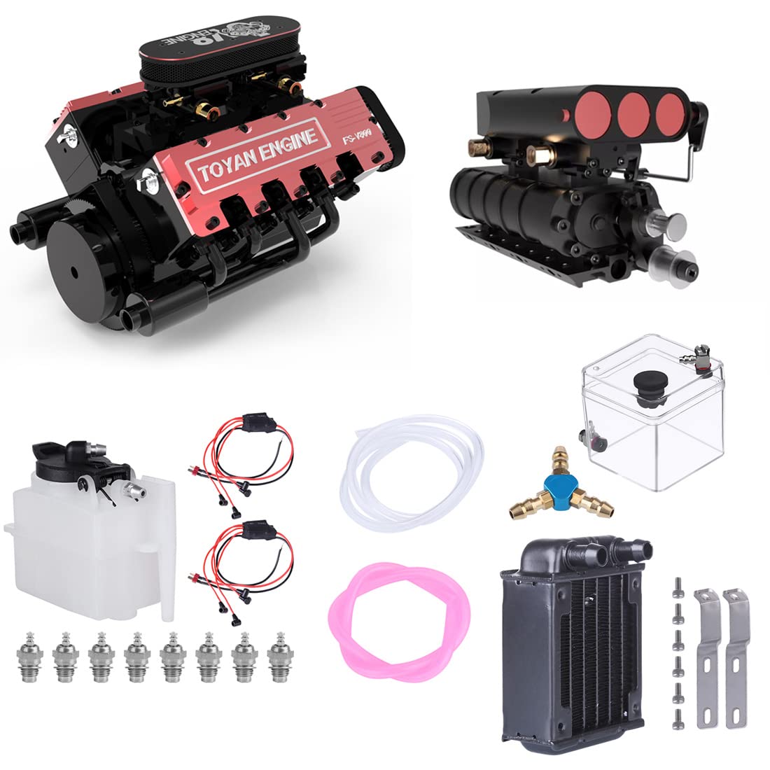 کیت مدل موتور چهار ضربه هشت سیلندری فول فلزی 1/10 FS-V800 کوچک مخصوص اجرای مدل مینی V8 کنسول ایکسپرس برای خودرو و قایق RC با ورژن کیت با سوپرچارجر و کیت استارتر