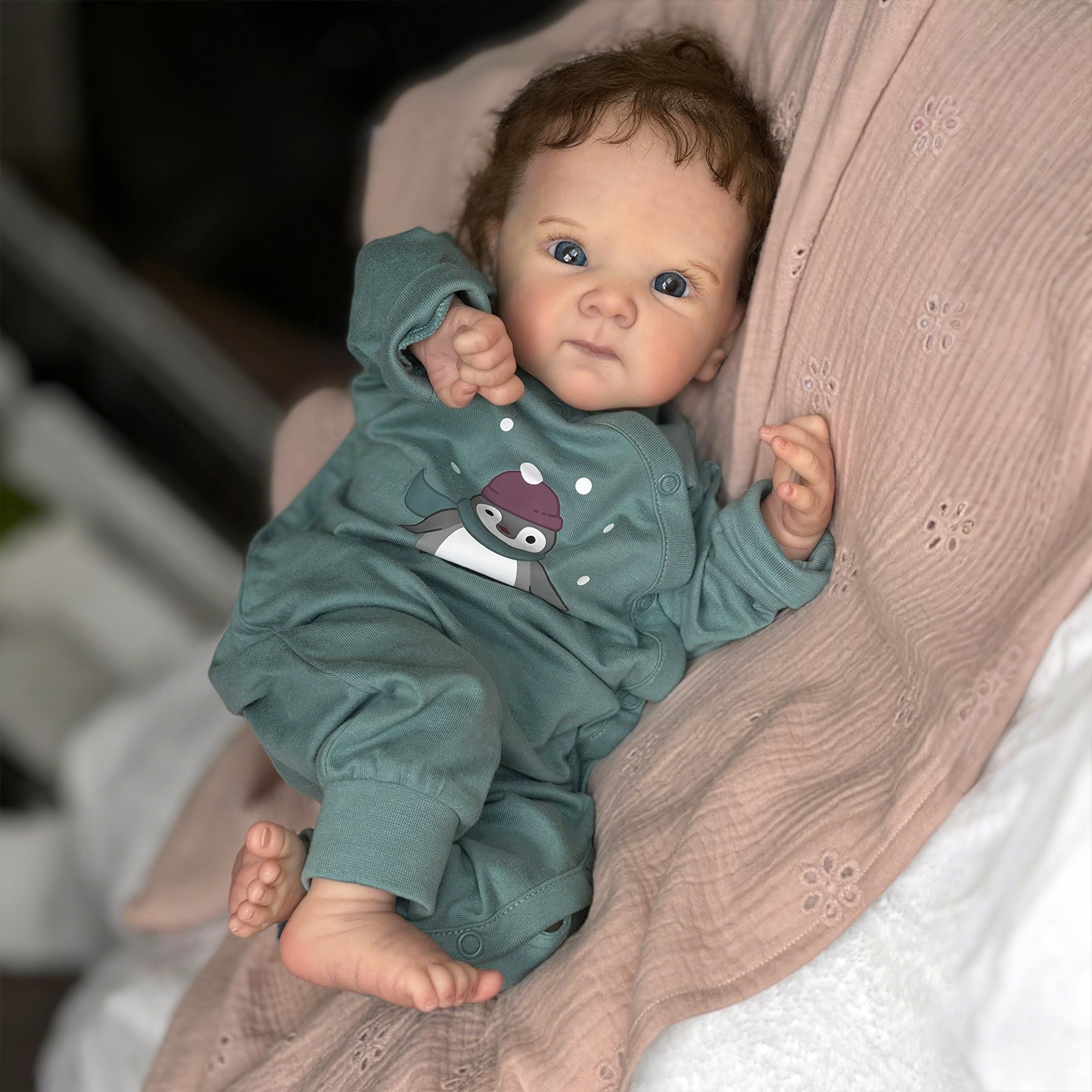 عروسک بچه تولد مجدد Lovely Real Look Reborn Baby Doll  19 اینچ 48 سانتی‌متر بدن نرم وینیل کامل پسر بچه با ساختار بدن جسمانی صحیح موهای ریشه دار واقع‌گرایانه عروسک نوزاد برای کودکان 3+ سبز