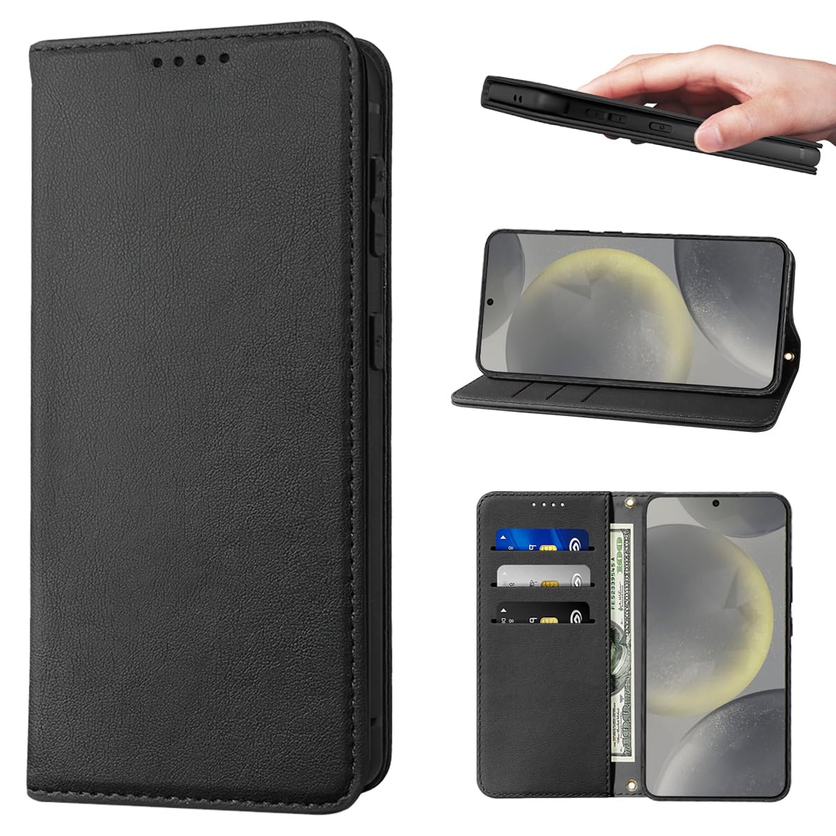 کیف پول LANJLM برای کیسه‌های تلفن همراه Samsung Galaxy S25 Plus Premium چرم PU Flip Cover مغناطیسی بسته‌شدن ضدضربه طراحی کتاب با ویژگی Kickstand و درایور‌های کارت گالاکسی S25+ - سیاه S25 پلاس سیاه